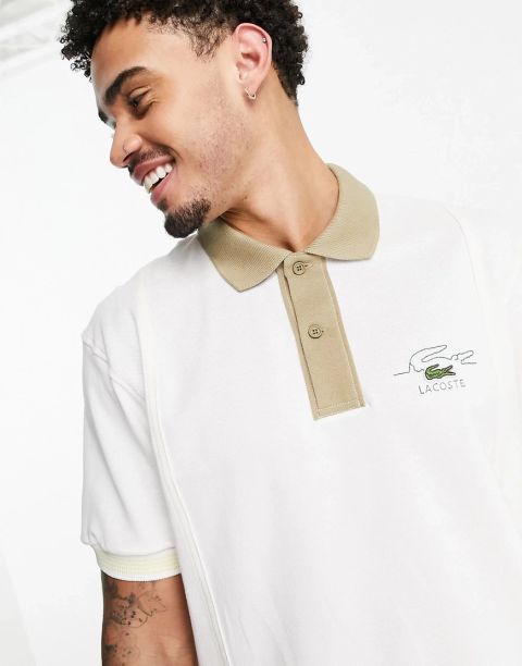 Lacoste Classic Fit Polo Shirt In Off White With Contrast Tipping ...