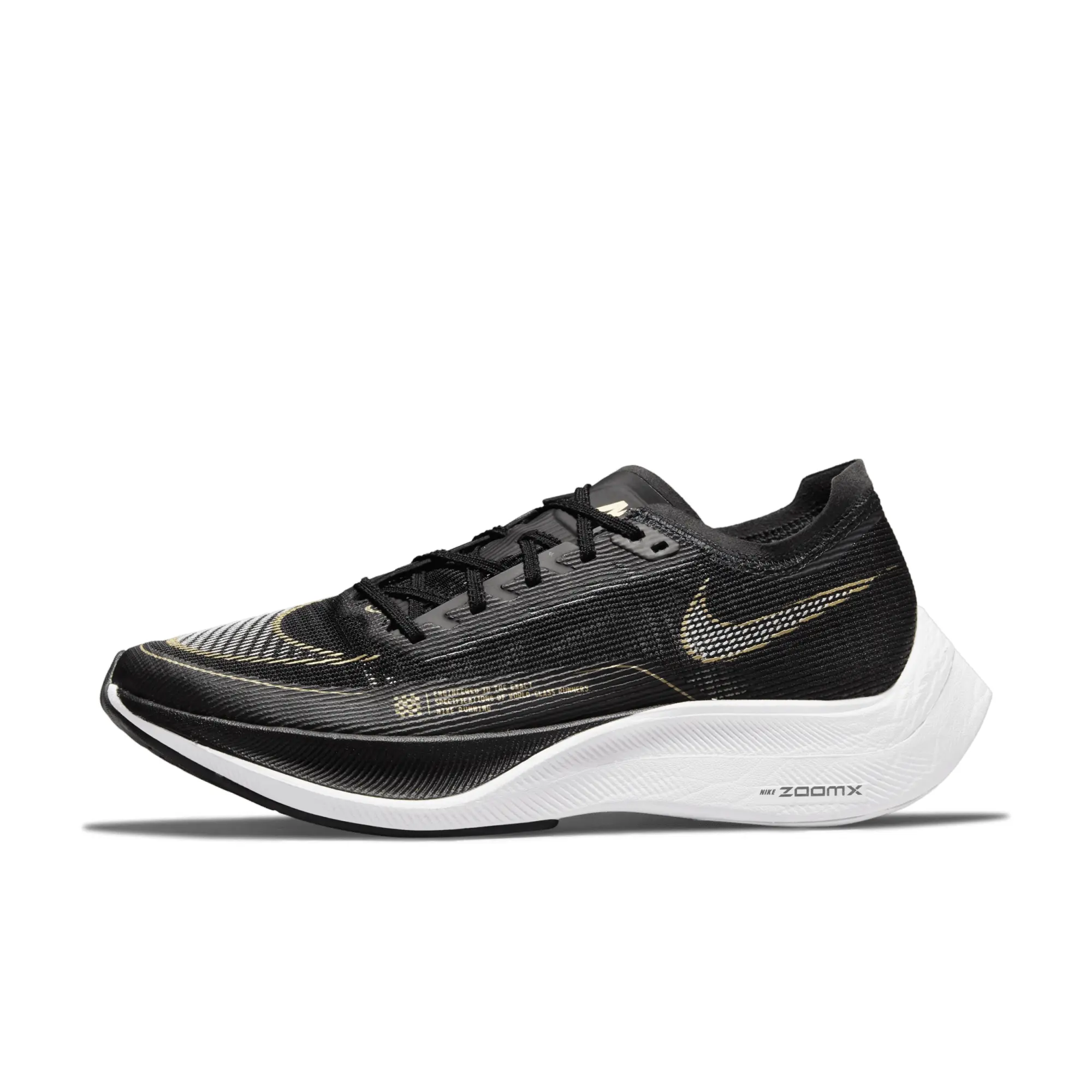 Nike ZoomX Vaporfly Next% 2 Womens Black Metallic Gold Coin Shoes