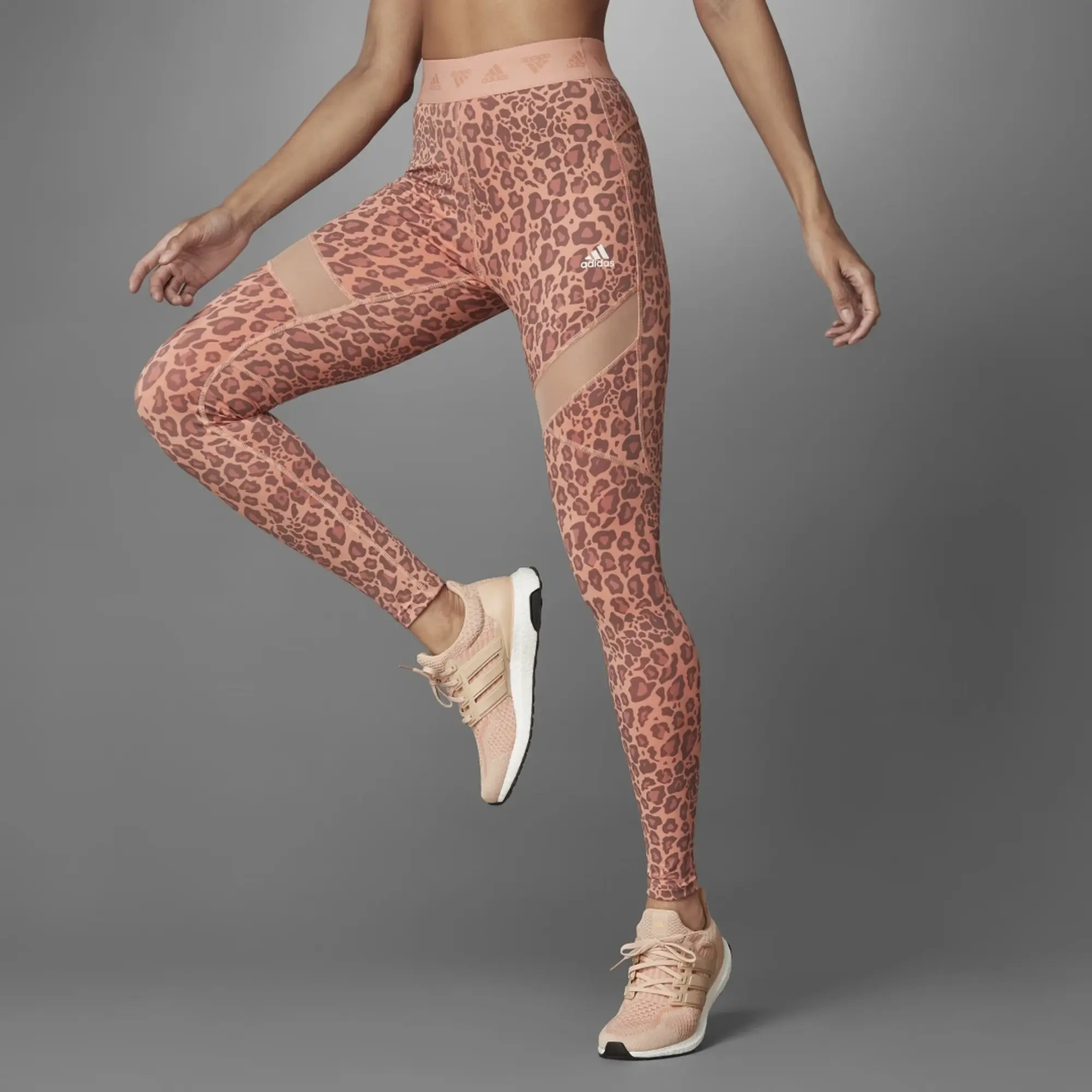 Adidas Training Leggings With Insert Detail In Orange Leopard Print, HM8646