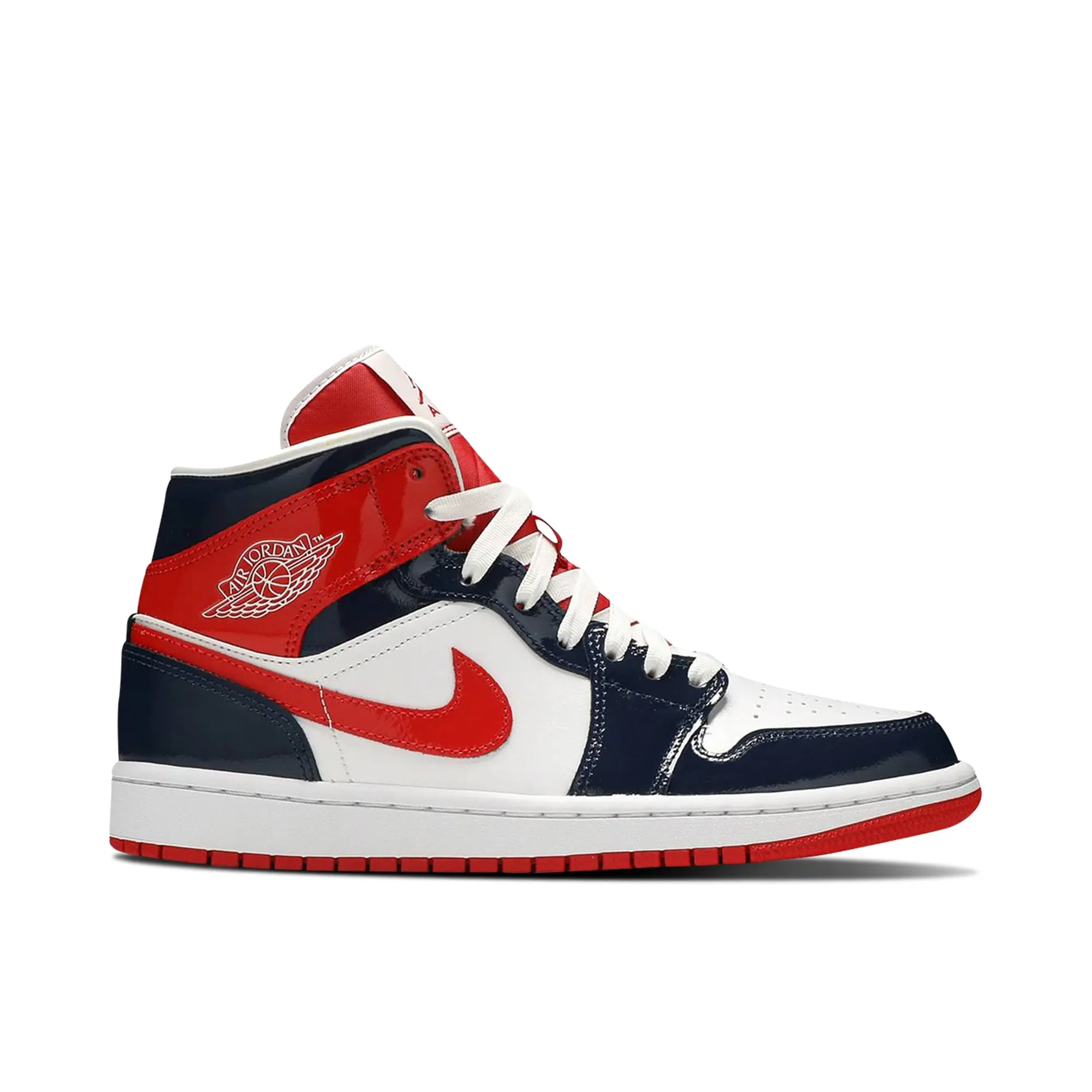 Nike Womens Air Jordan 1 Mid Patent Leather Navy / White / Red Shoes