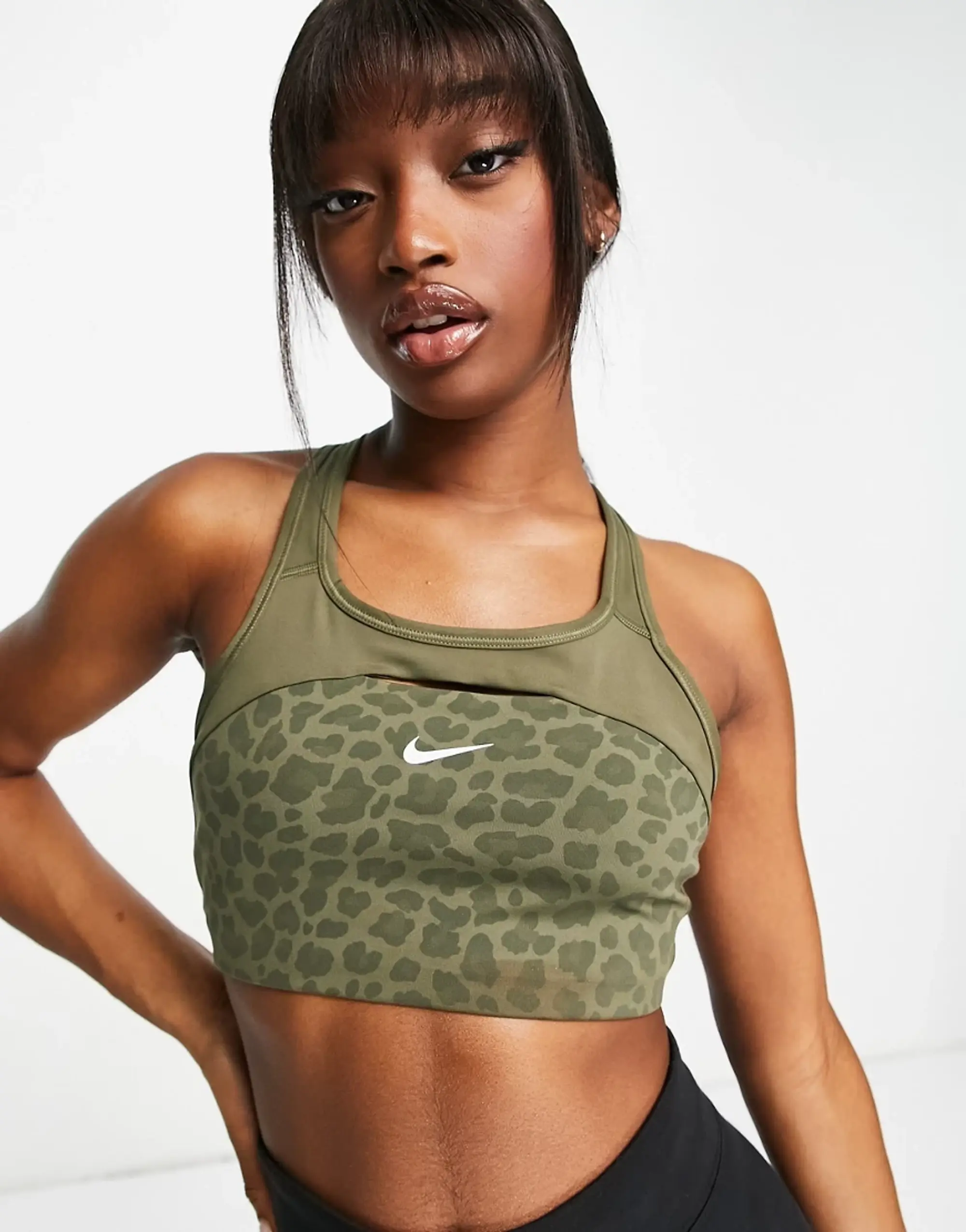 Nike Training Swoosh Dri-FIT leopard print medium print sports bra in  khaki-Green, DM0633-222