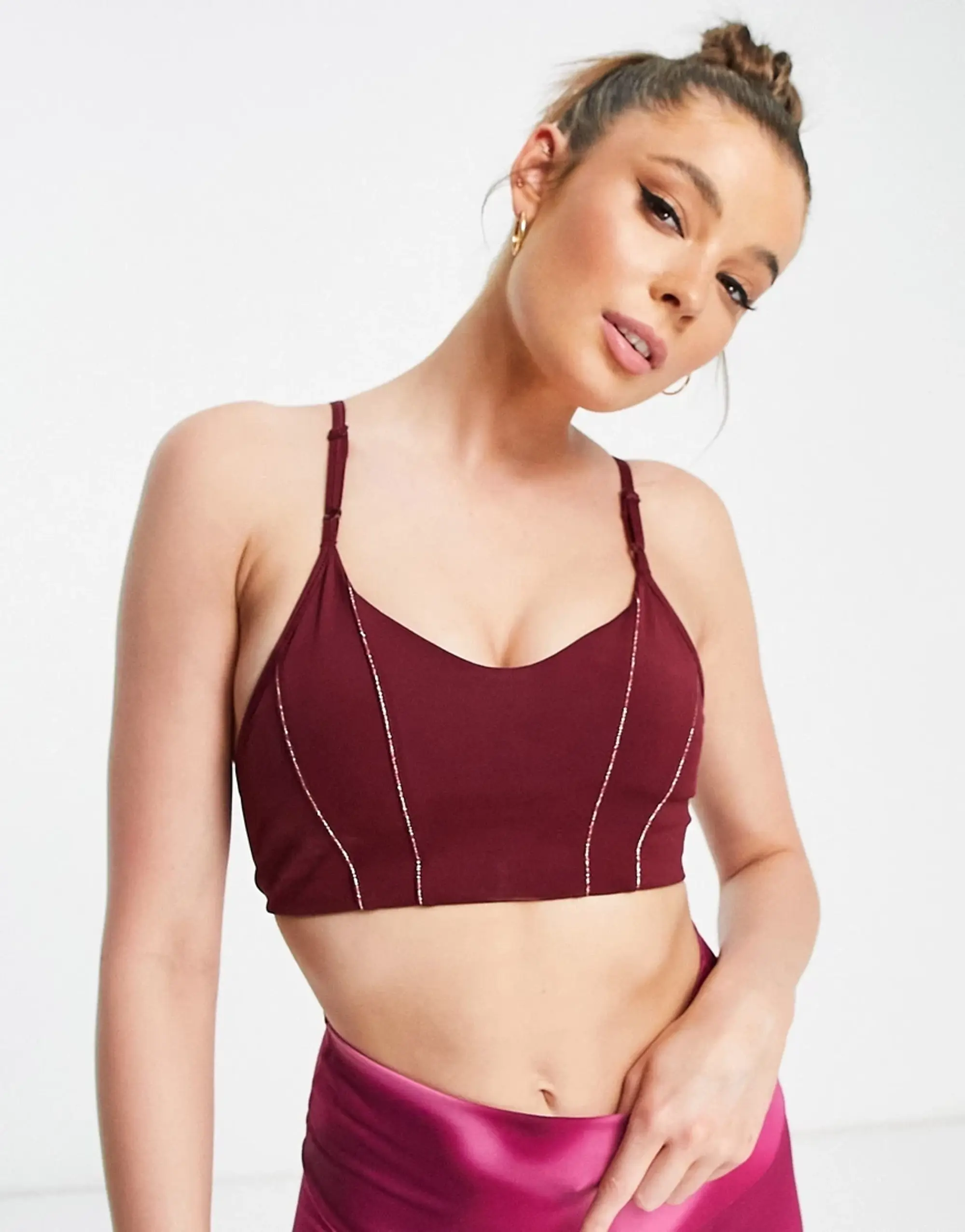 Nike Yoga Dri-FIT Indy metallic tape bra in burgundy-Red