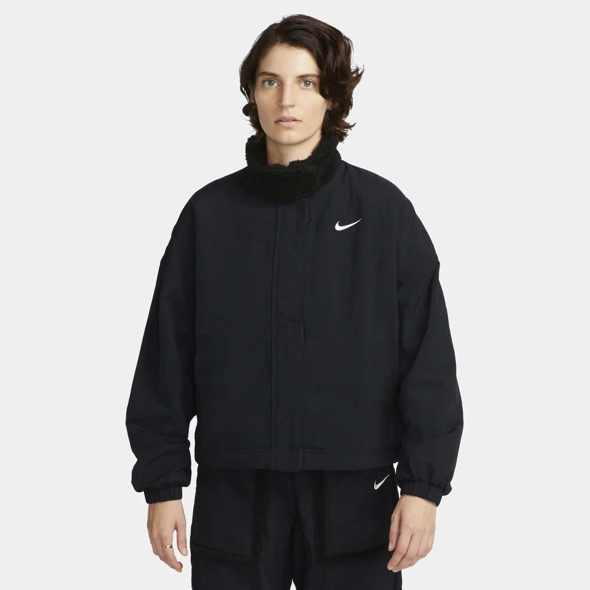 Nike NSW Essential Sherpa Lined Woven Jacket - Black, Black/White