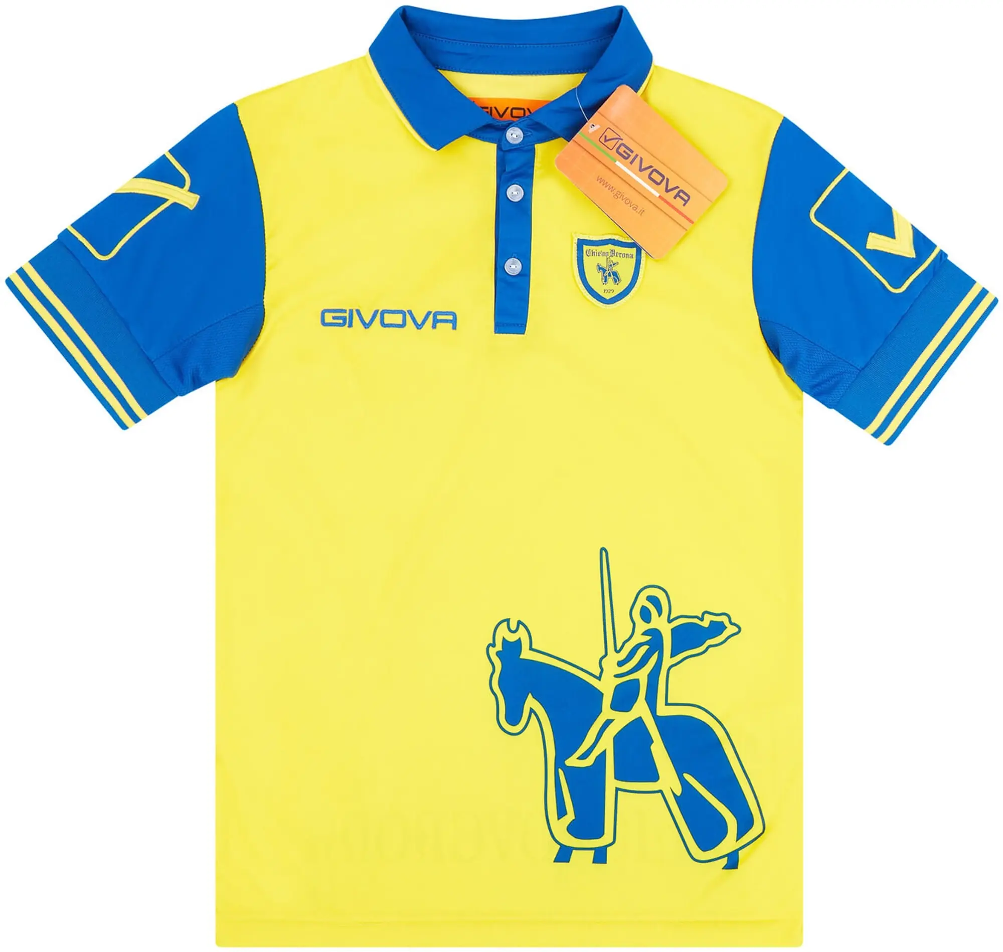 Condition of shirt - Brand new, unworn condition with original Givova tags attached Size - XXS Made by - Givova Players - Pellissier, Meggiorini, Birsa, Castro, Radovanović, Rigoni, Gobbi Notes - Sponsorless home shirt worn in the season when the Flying Donkeys finished 9th in Serie A and reached the Third Round of the Coppa Italia Chievo Mens SS Home Shirt 2015/16
