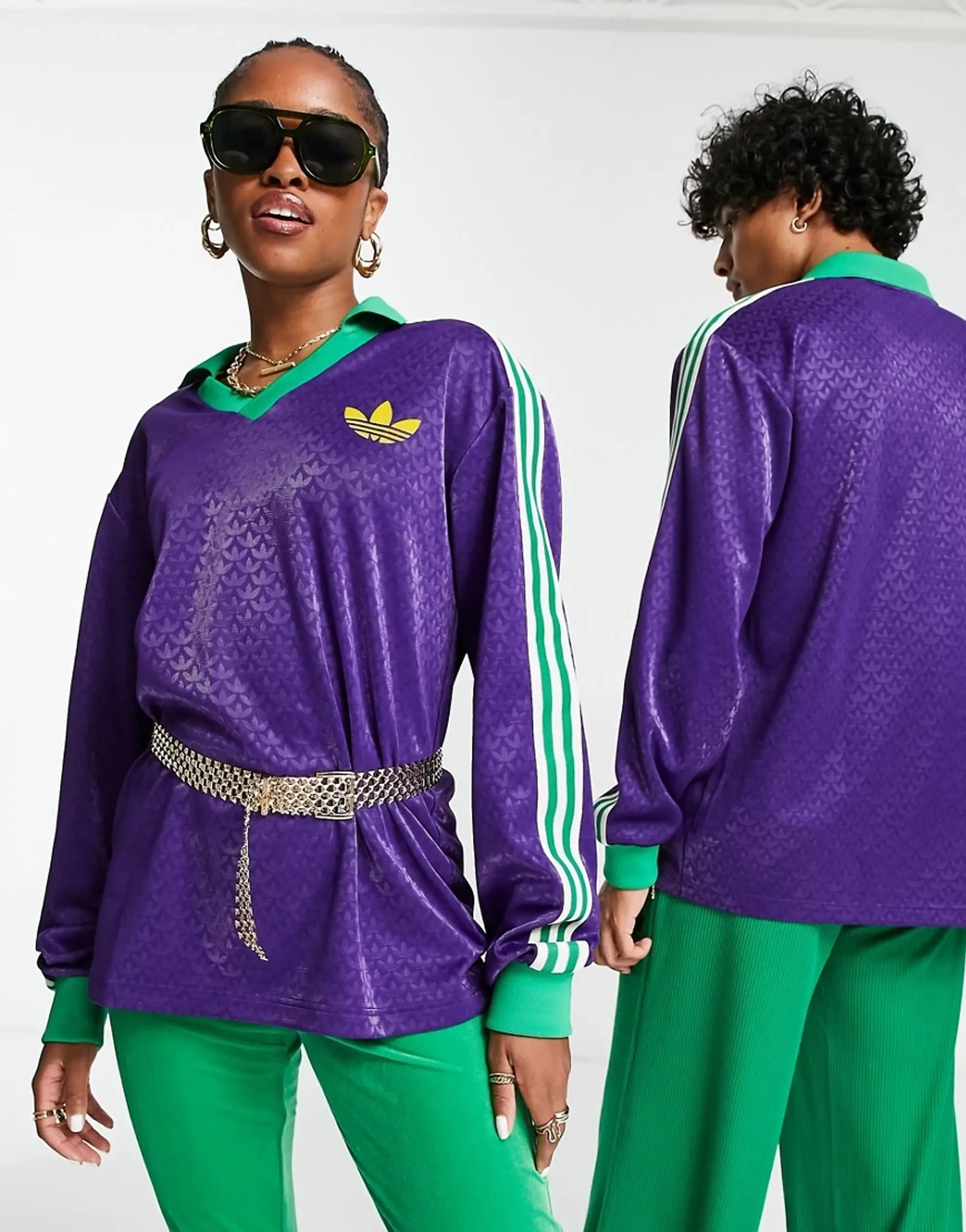 Adidas Originals 'Adicolor 70S' Unisex Monogram Long Sleeve Polo Top In Purple