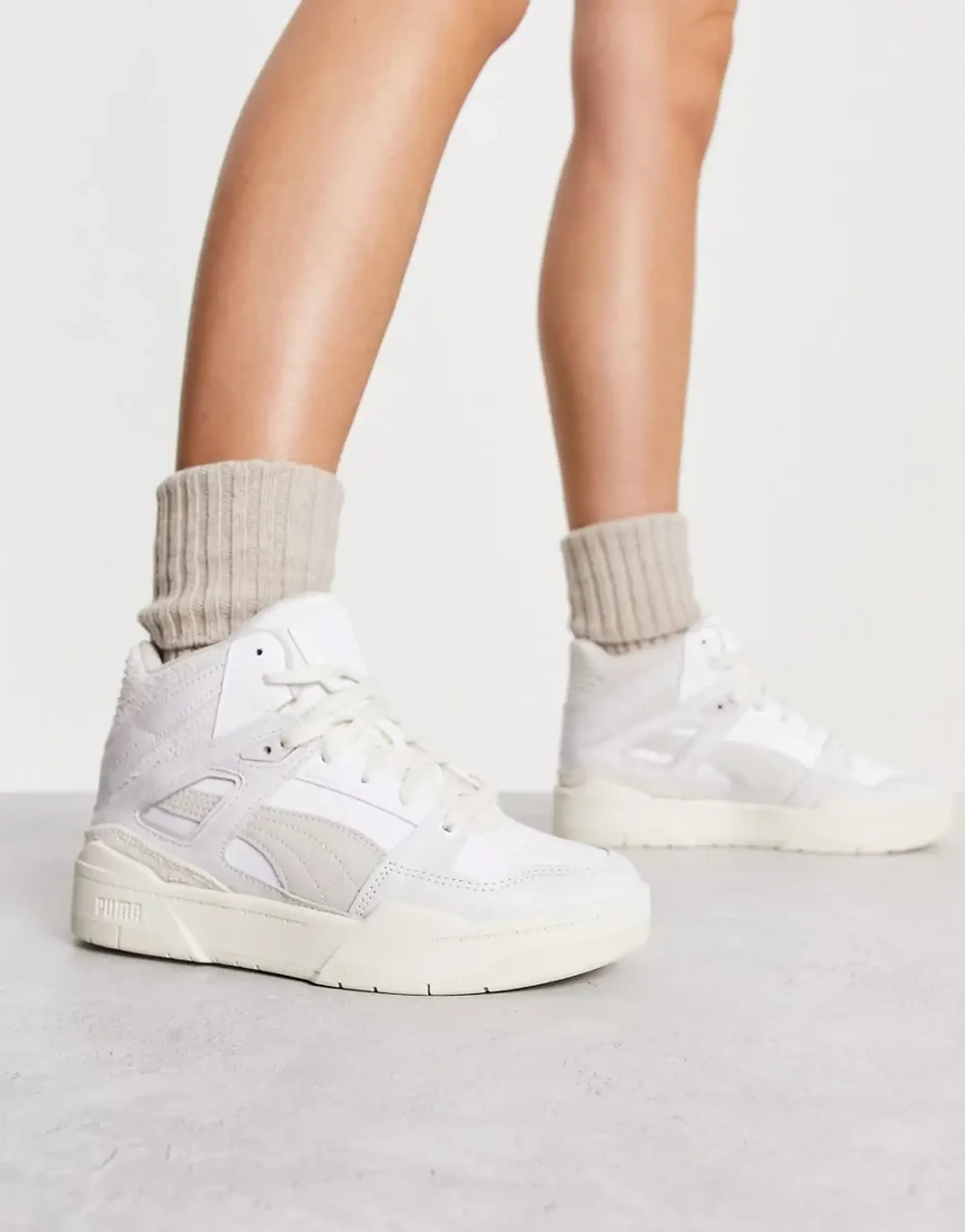 Puma Slipstream Mid Textured Neutral Trainers In White And Feather Grey