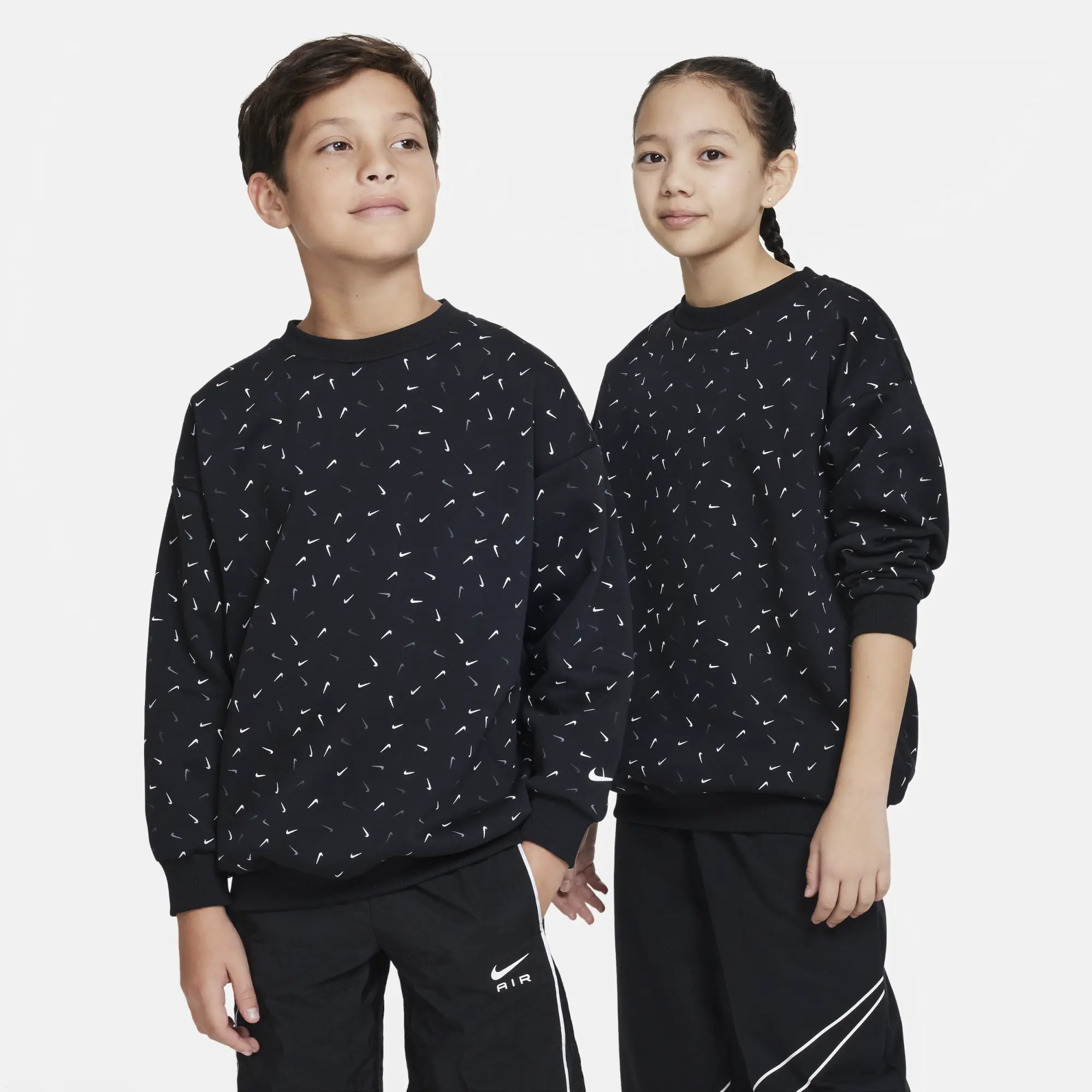 Nike Older Girls Swooshfetti Fleece Crew Sweatshirt - Black , Black/White