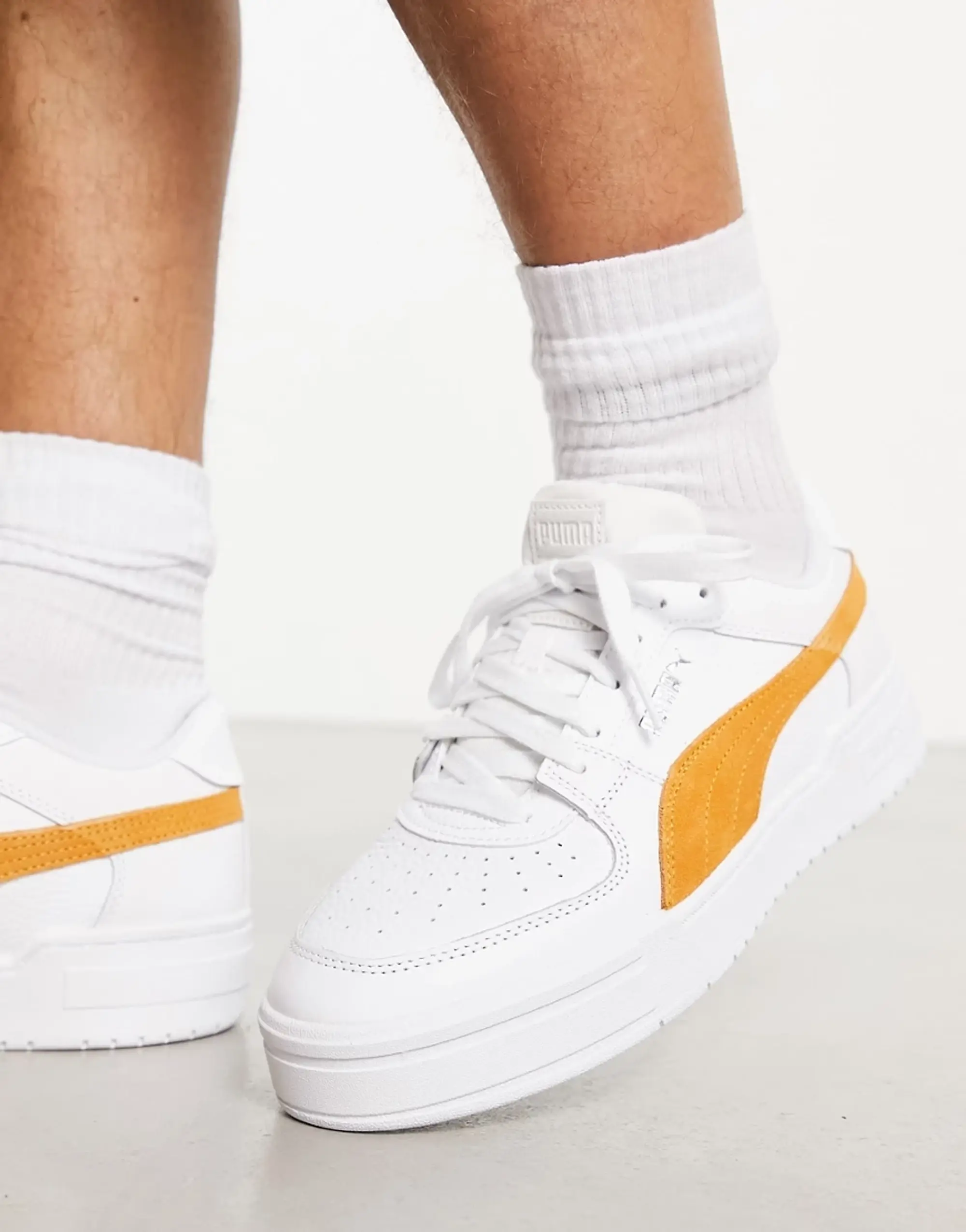Puma Ca Pro Suede Trainers In White With Yellow Detail
