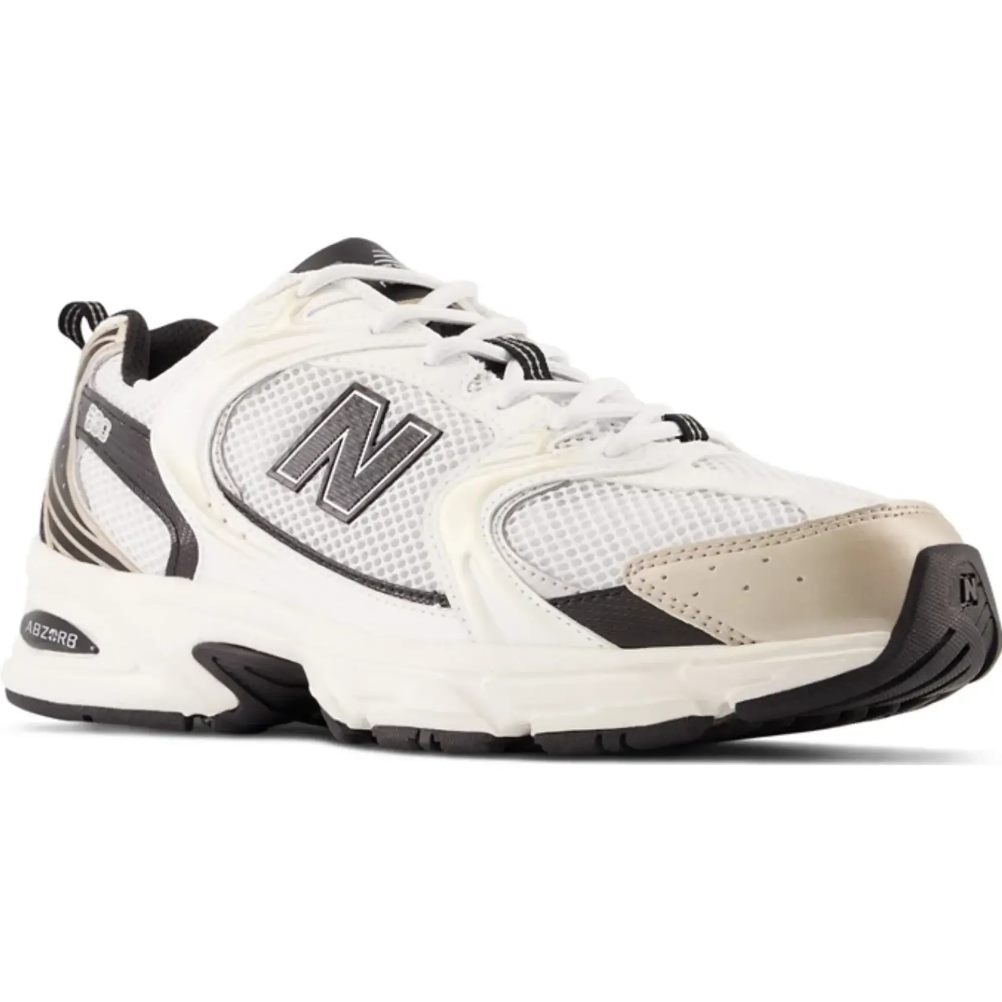 New Balance 530 Trainers In White With Black And Gold Detailing