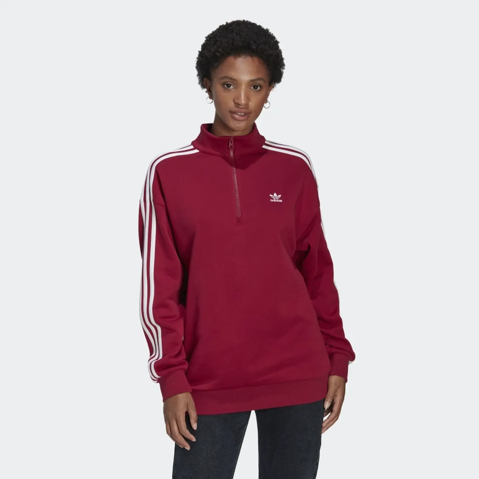 adidas Originals Womenss Adicolor Trefoil 1/4 Zip Sweatshirt in Burgundy Cotton