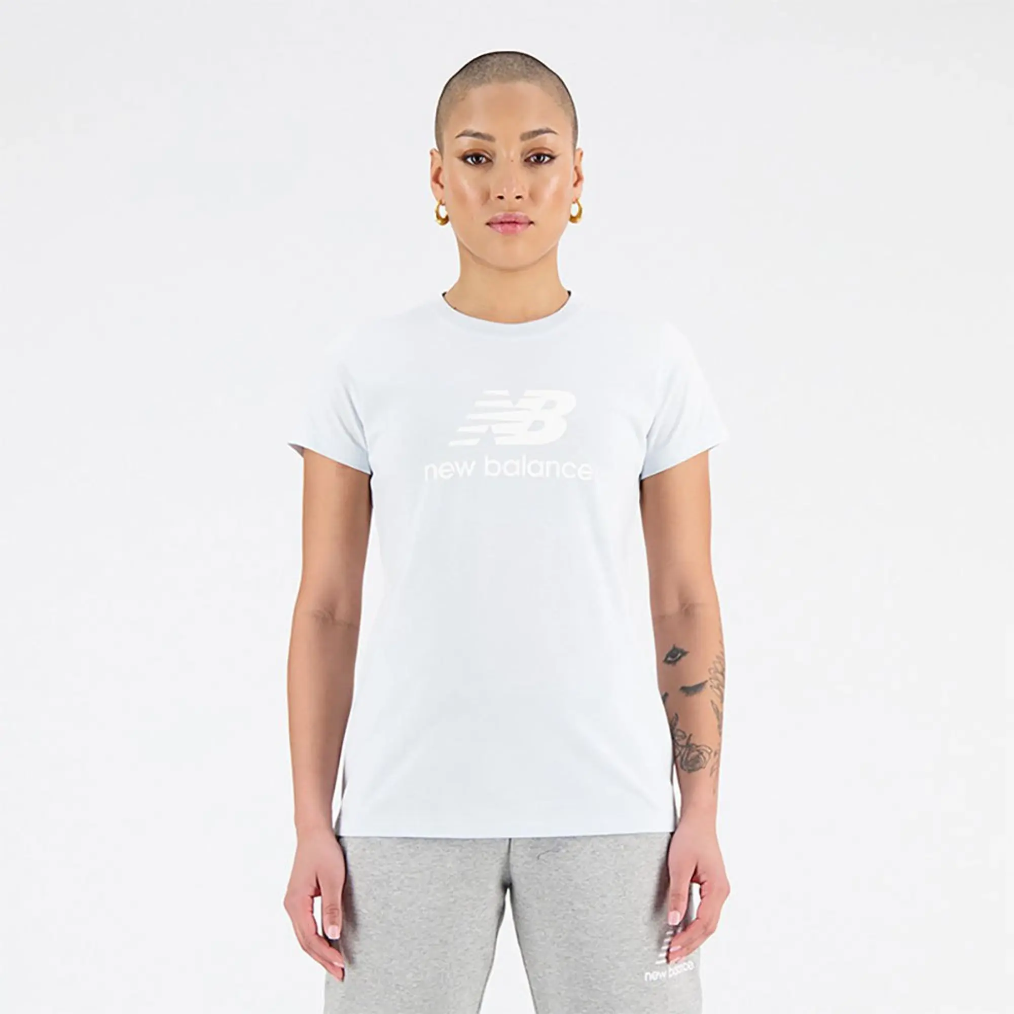 New Balance Women's NB Essentials Stacked Logo T-Shirt in Grey Cotton