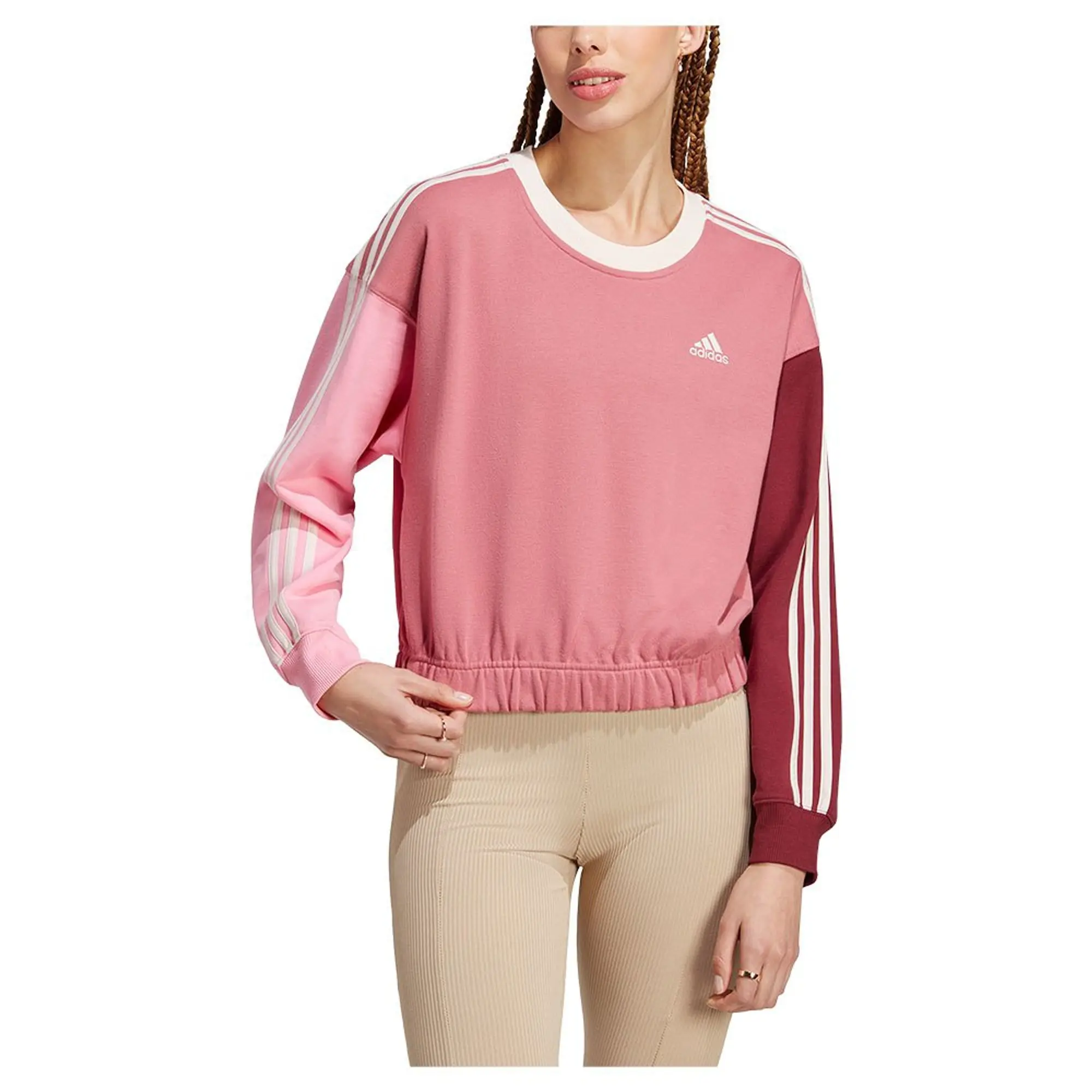 Manchester United adidas Essentials 3-Stripes Crop Sweatshirt - Pink Strata/Shadow  Red - Womens | IC9875