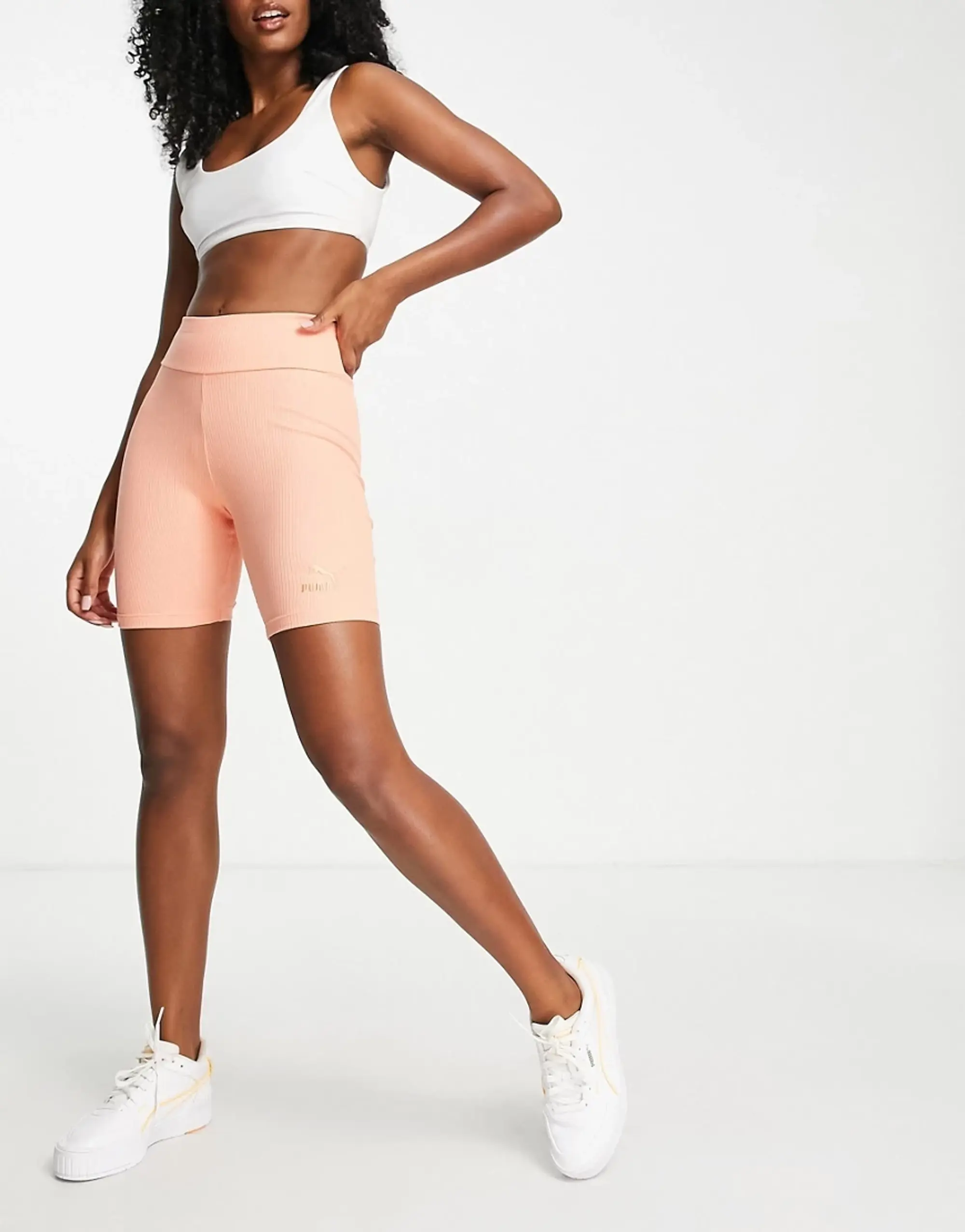 Puma Womens Classics Ribbed Short Leggings Stretch Bottoms - Pink Cotton