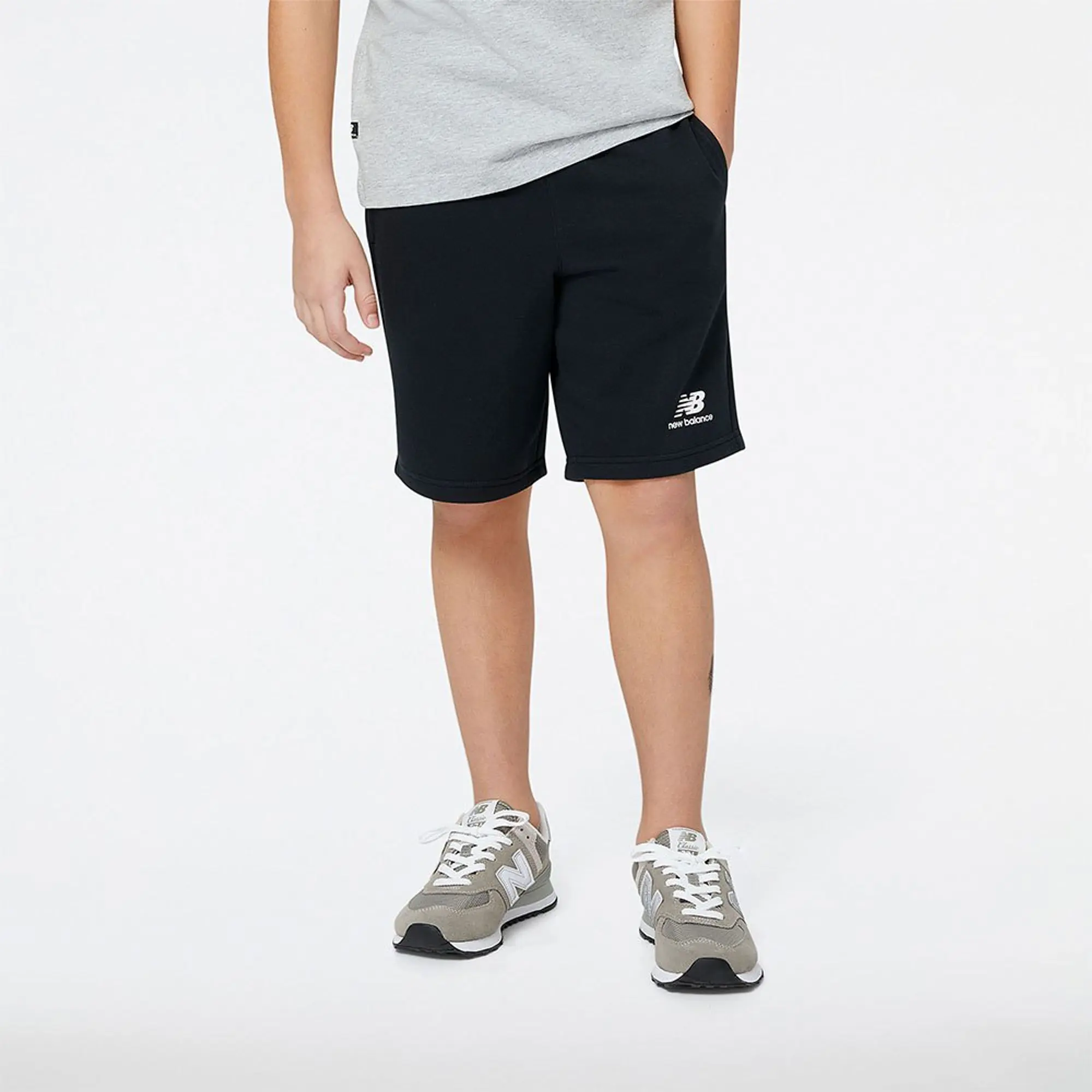 New Balance Kids' Essentials Stacked Logo French Terry Short in Black Cotton Fleece
