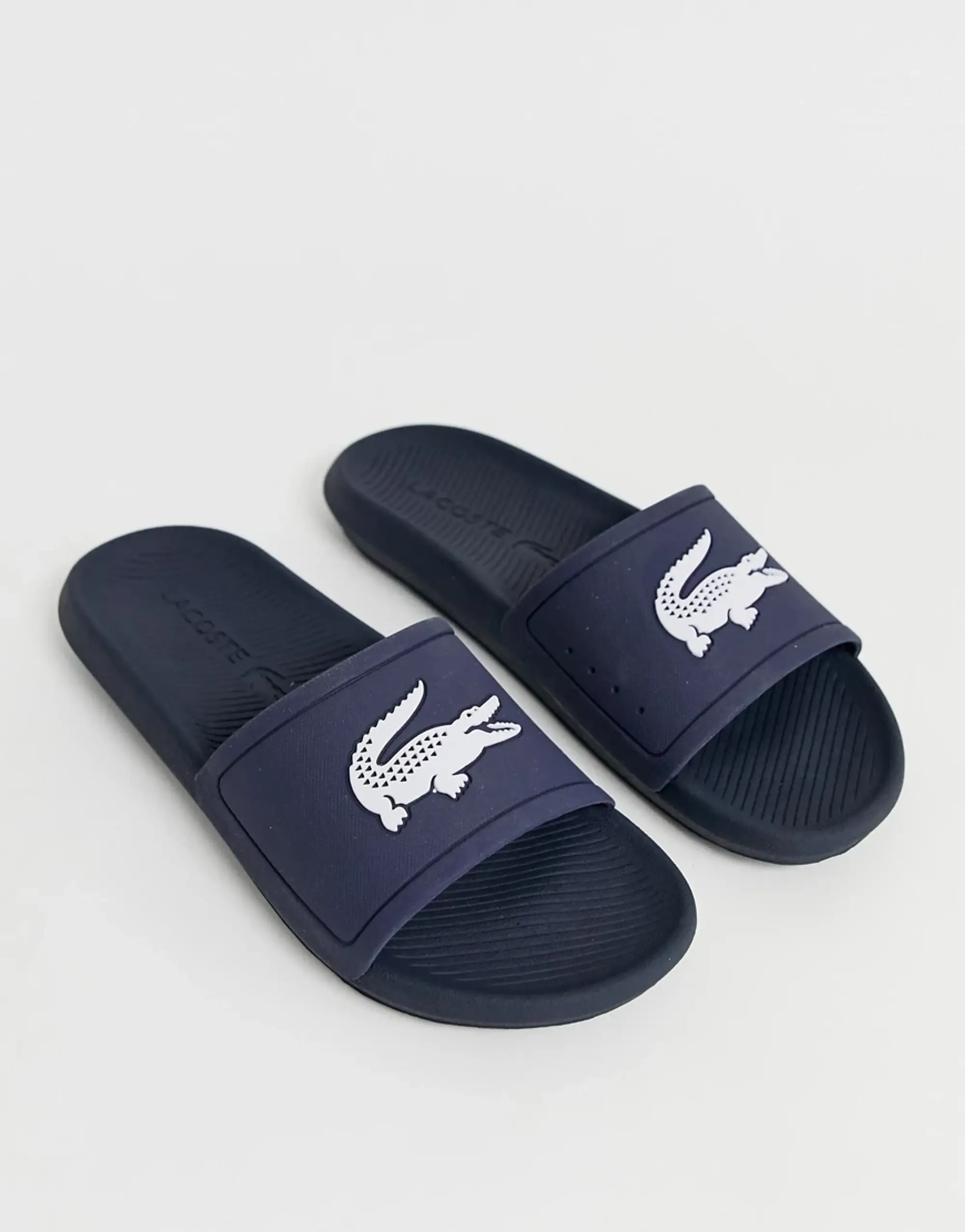 Lacoste croco slide sandals in navy & white