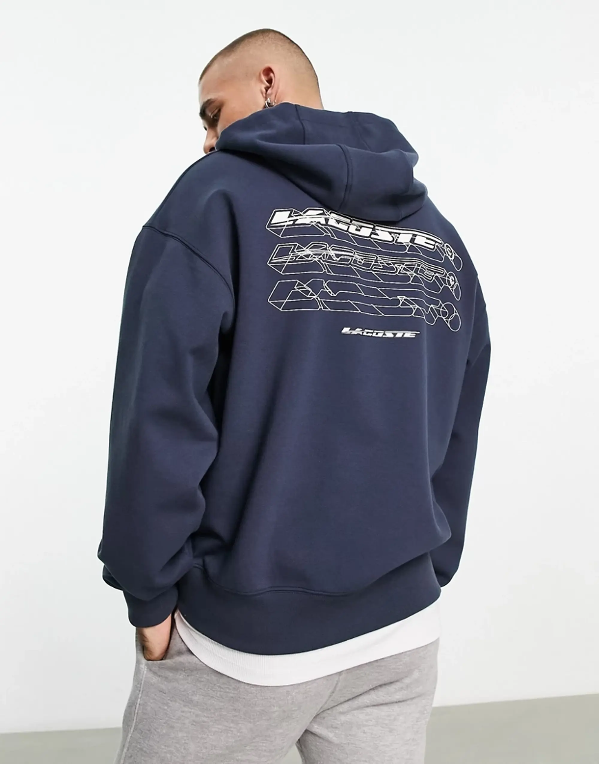 Lacoste Loose Fit 1/4 Zip Hoodie In Navy With Back Graphics
