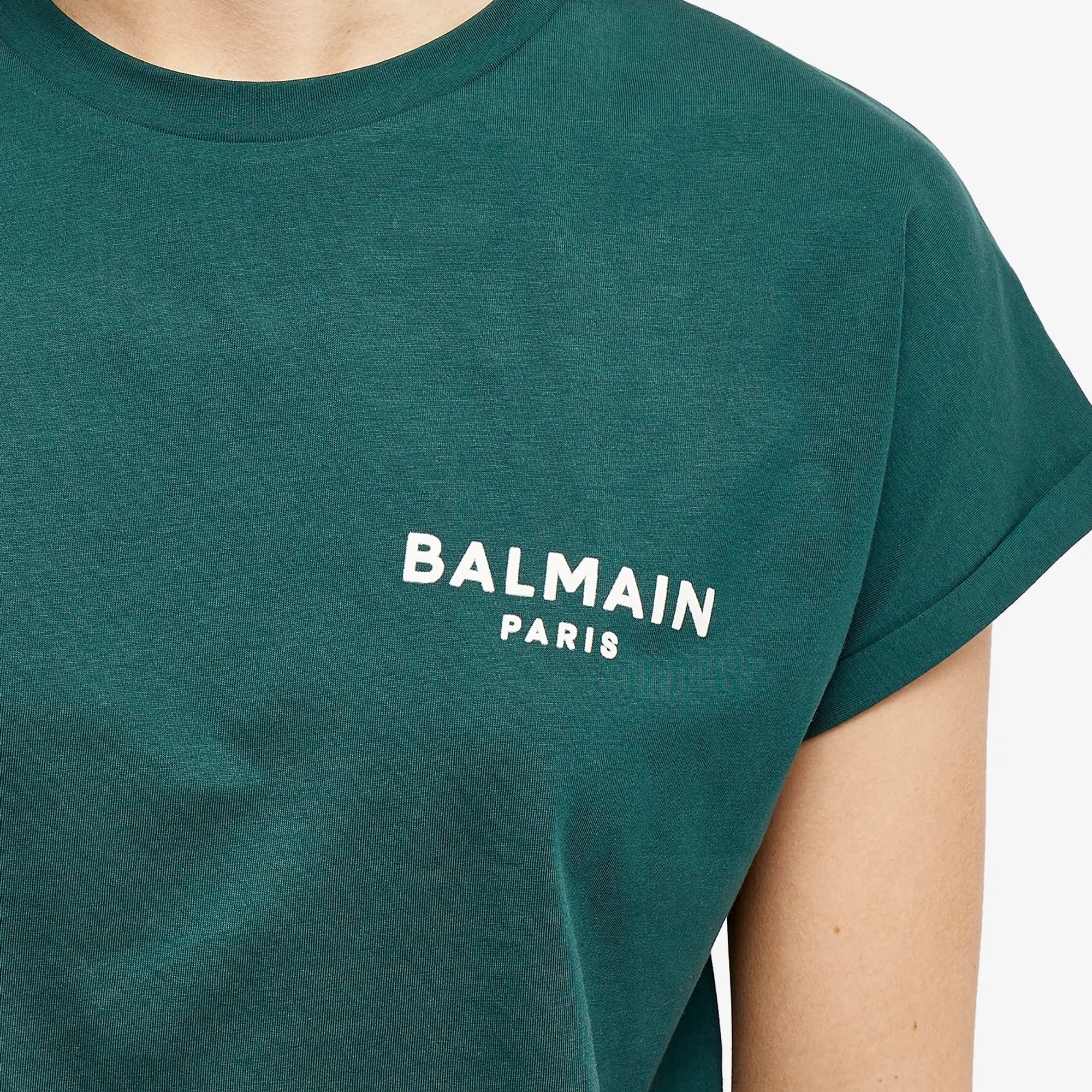 Balmain Women's Flock Logo Crop T-Shirt Green