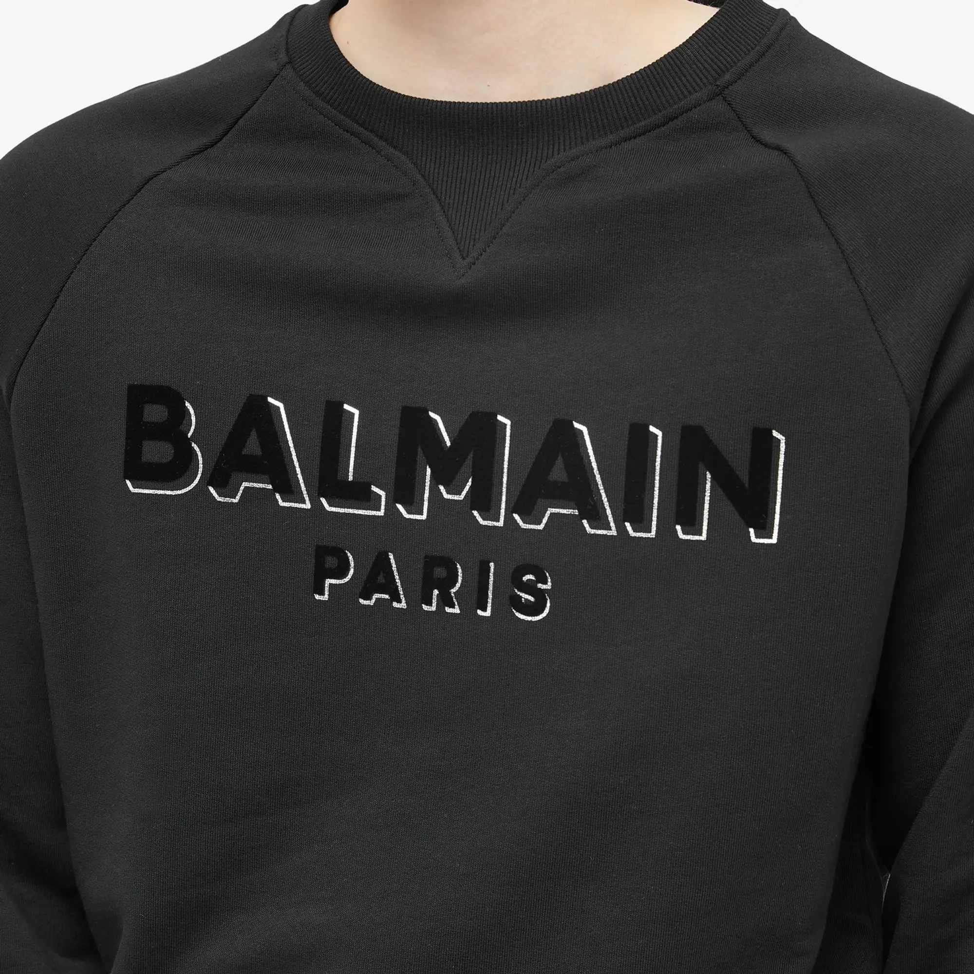 Balmain Men's Flock & Foil Paris Logo Crew Sweat Black/Silver