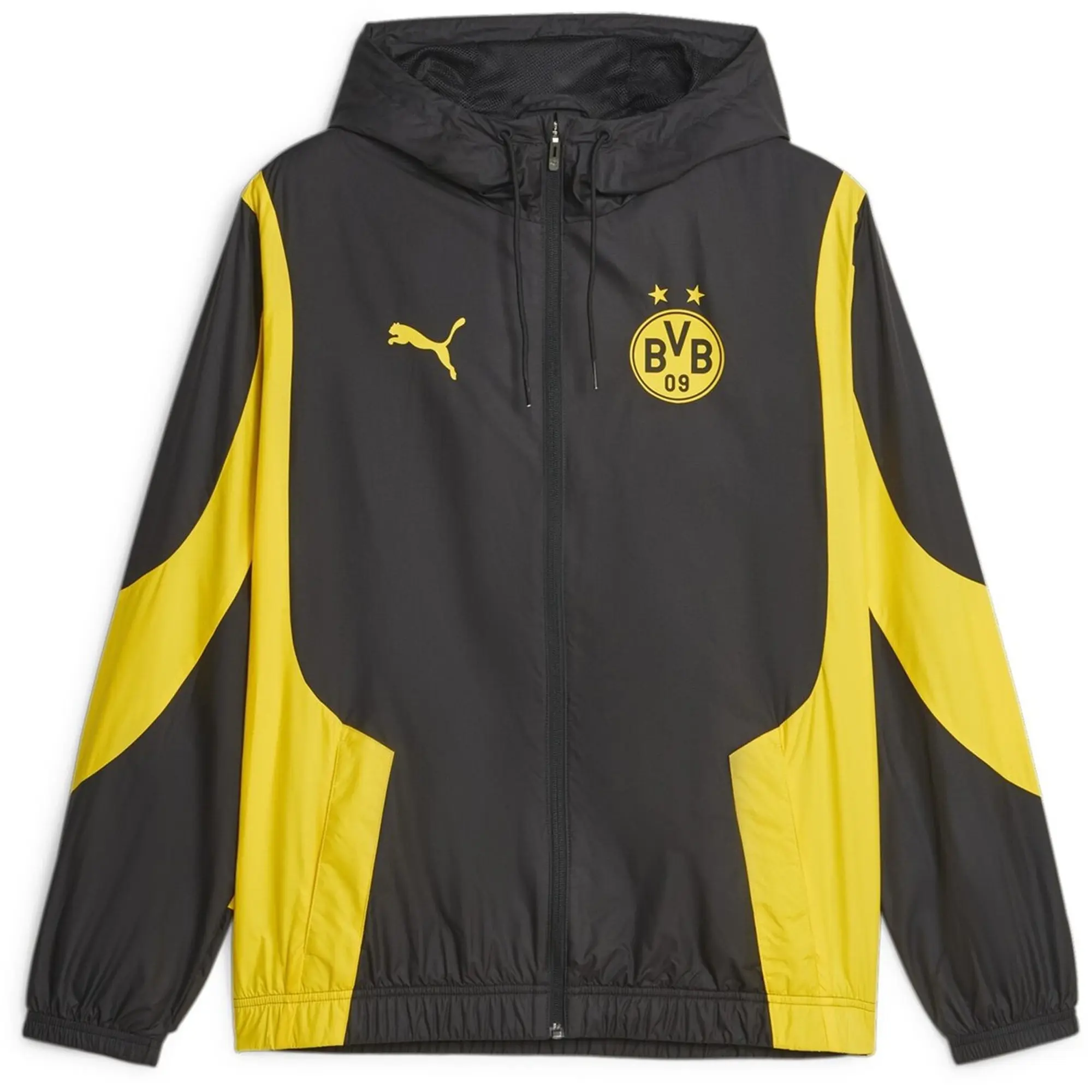 PUMA Borussia Dortmund Men's Pre-Match Football Jacket, Black/Cyber Yellow