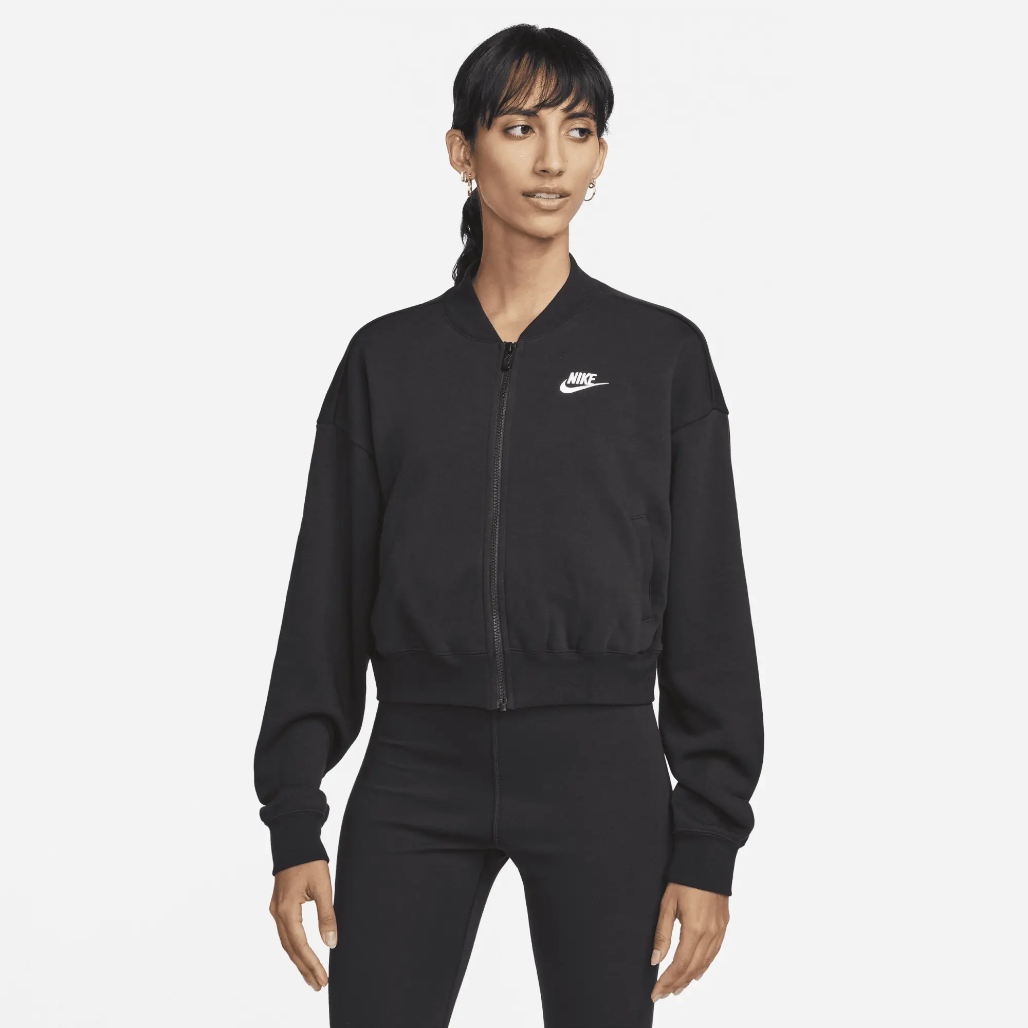 Nike Womens Club Fleece Oversized Crop Bomber Jacket - Black