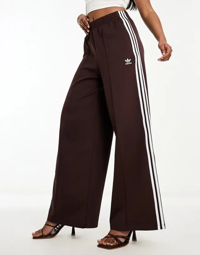Adidas Originals Three Stripe Wide Leg Trousers In Shadow Brown ...