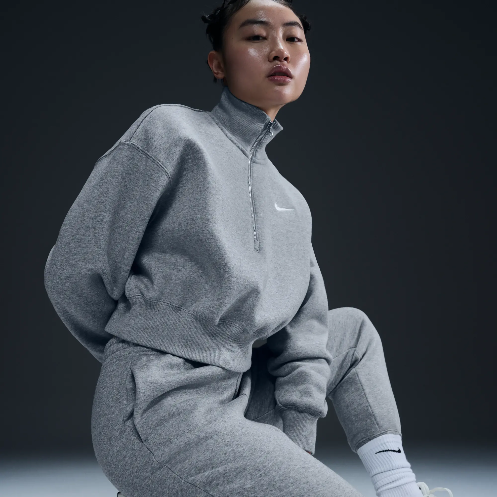 Nike Sportswear Phoenix Fleece Women's 1/2-Zip Cropped Sweatshirt - Grey - Cotton/Polyester