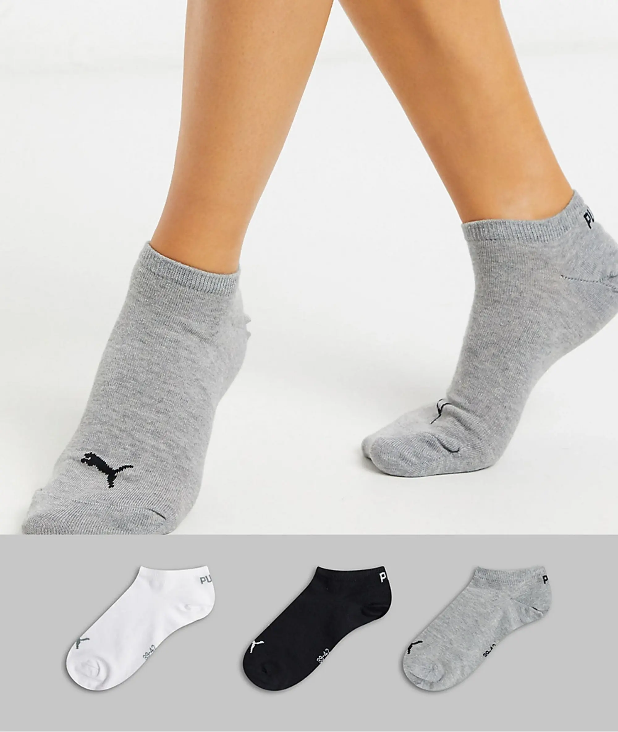 Puma 3 Pack No Show Trainer Socks In Black White And Grey Multi 906807 03 FOOTY.COM