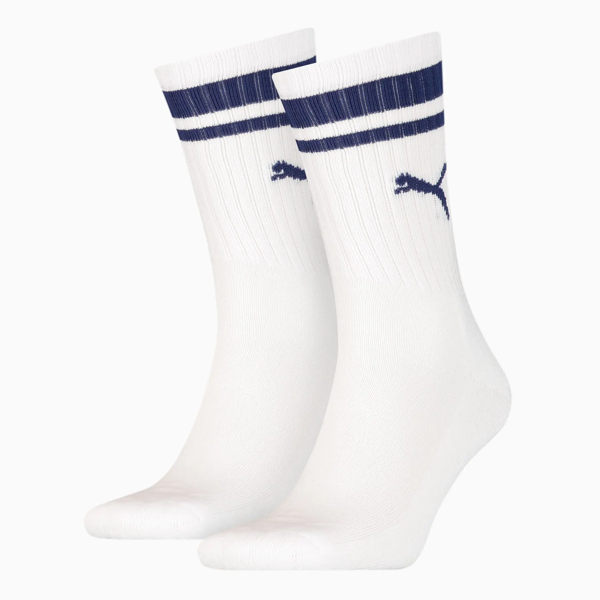 PUMA Unisex Crew Heritage Stripe Socks 2 Pack, White/Blue