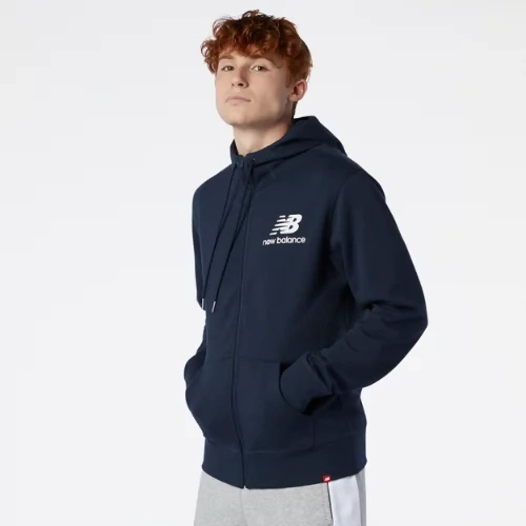 New Balance Men's NB Essentials Stacked Full Zip Hoodie in Black Cotton