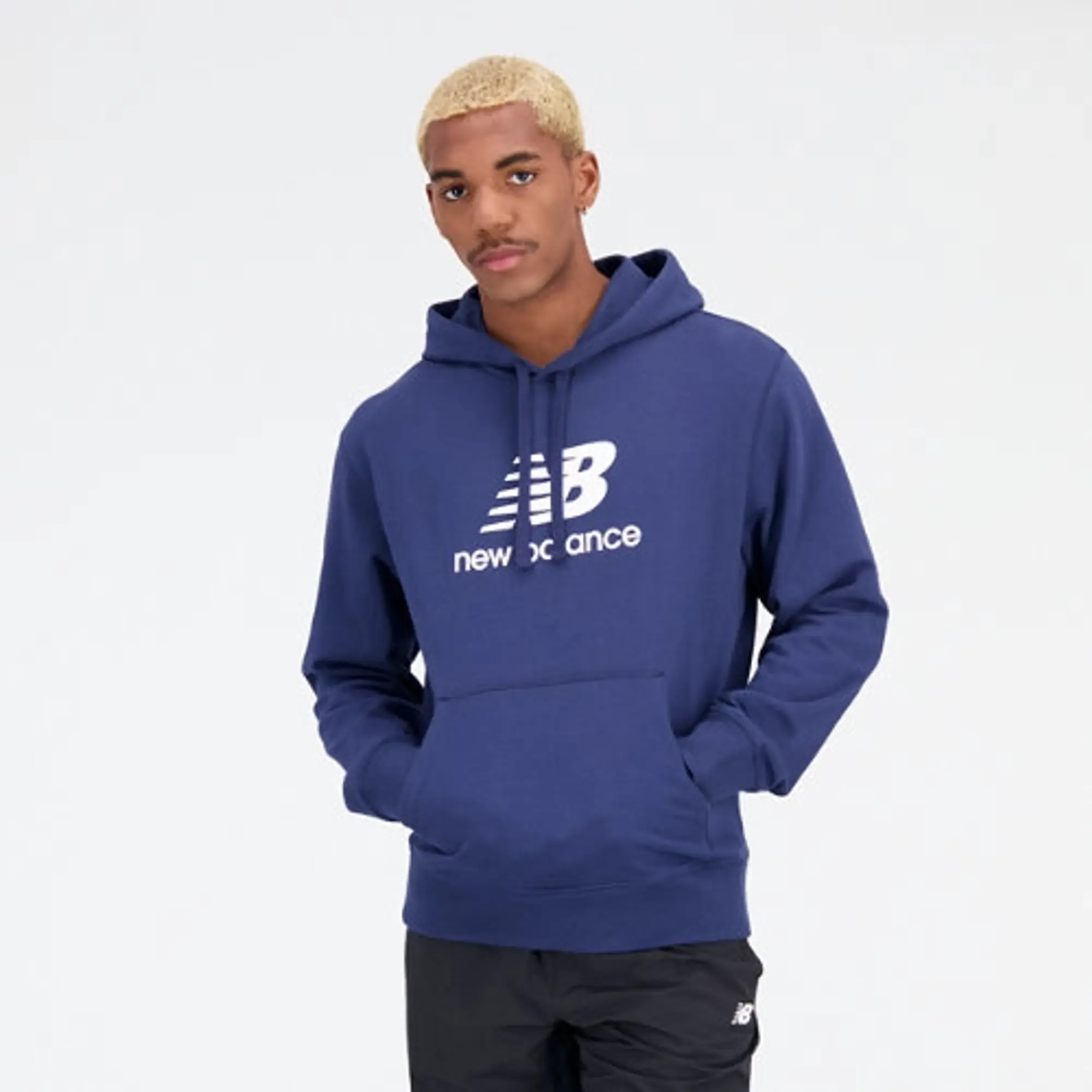 New Balance Men's Essentials Stacked Logo French Terry Hoodie in Blue Cotton Fleece