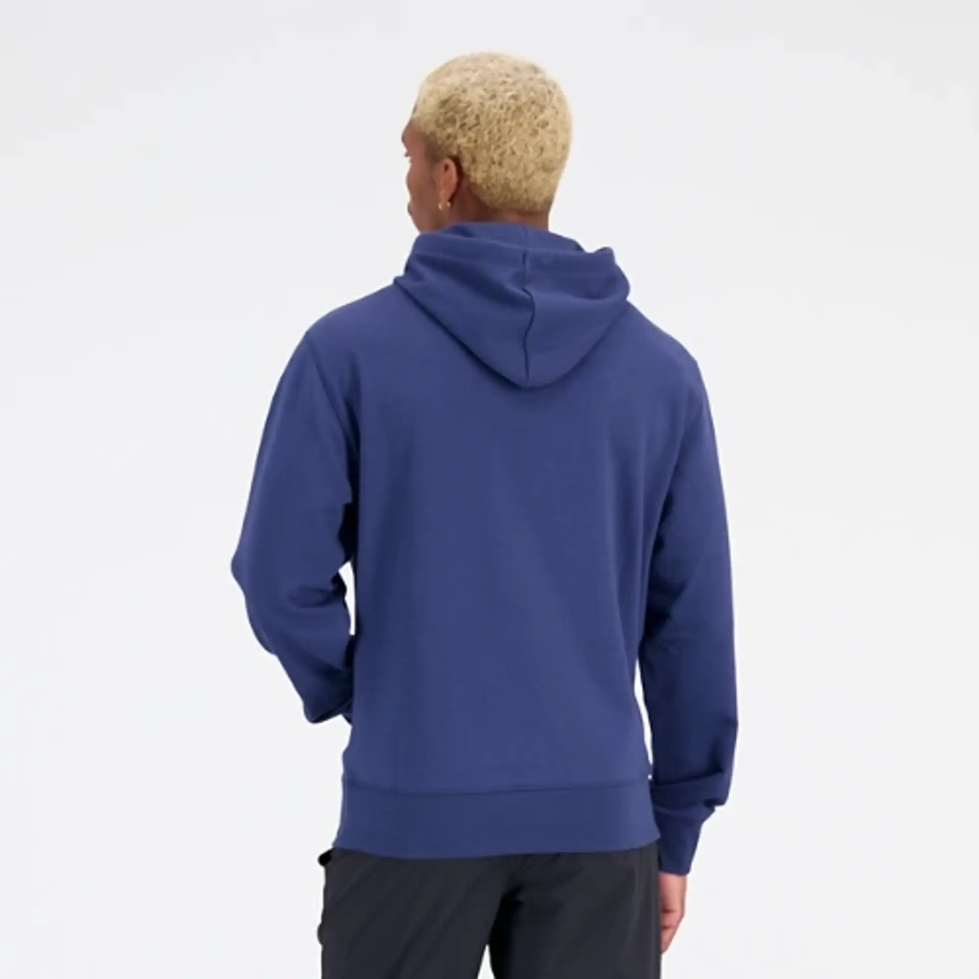 New Balance Men's Essentials Stacked Logo French Terry Hoodie in Blue Cotton Fleece