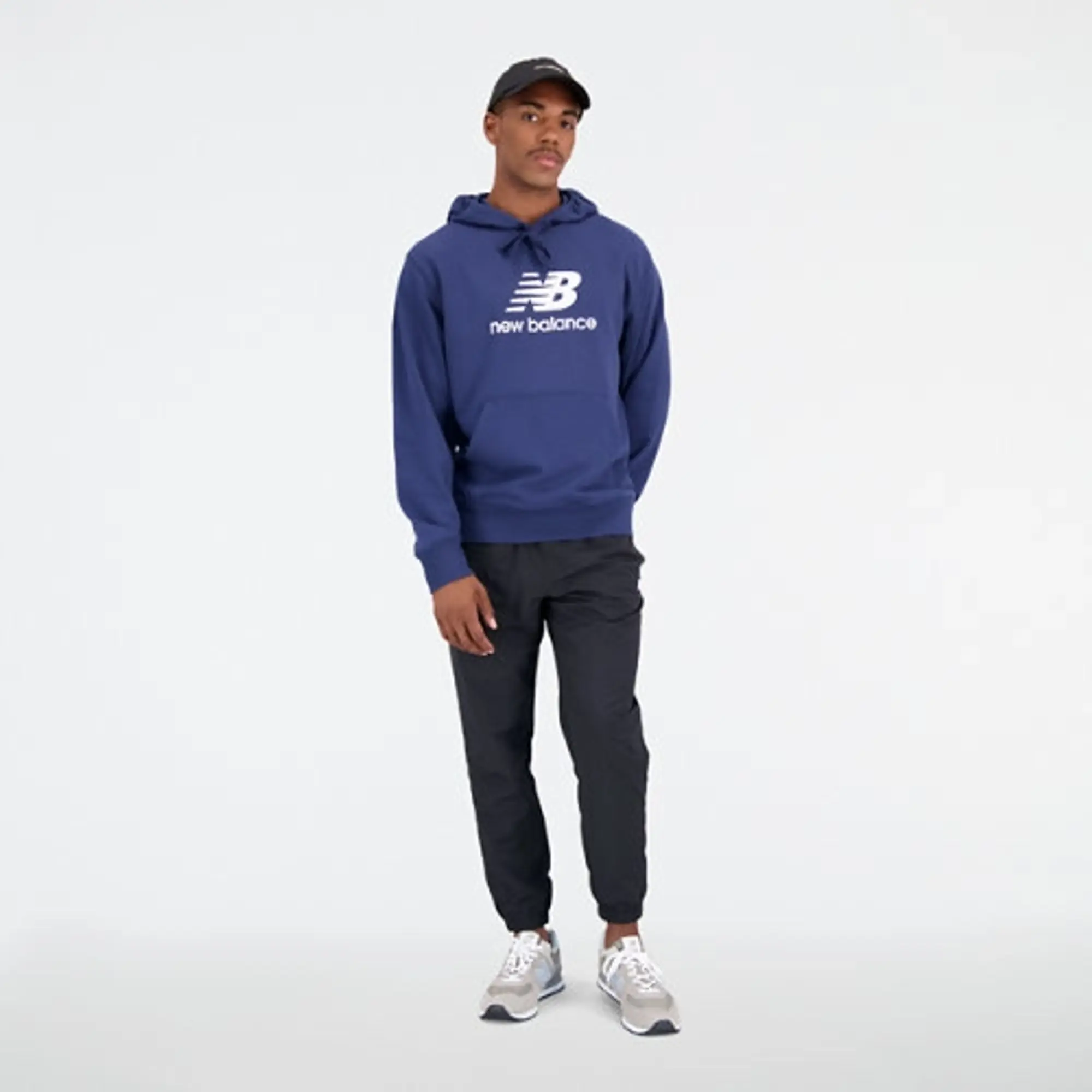 New Balance Men's Essentials Stacked Logo French Terry Hoodie in Blue Cotton Fleece