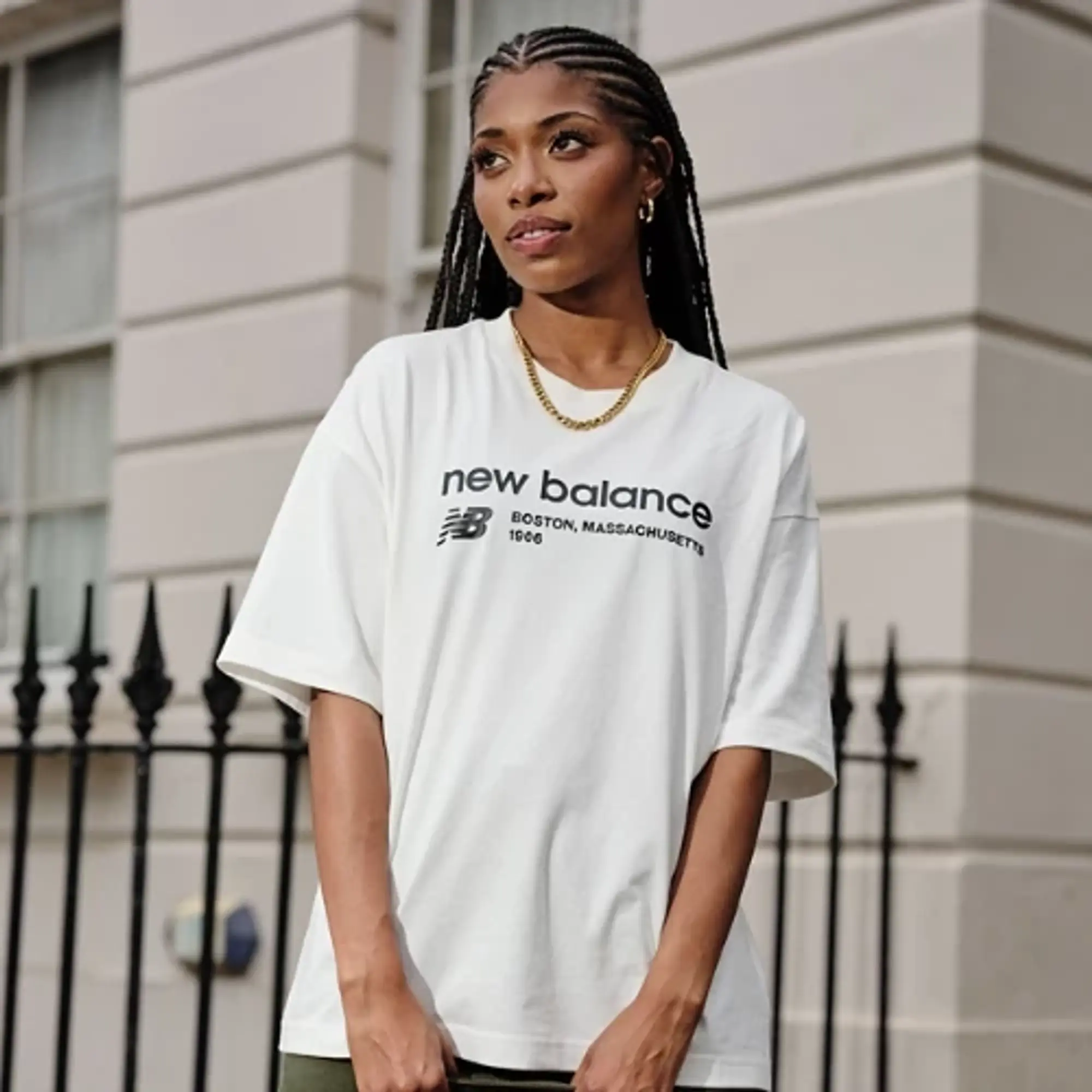 New Balance Women's Linear Heritage Jersey Oversized T-Shirt in White Cotton Jersey