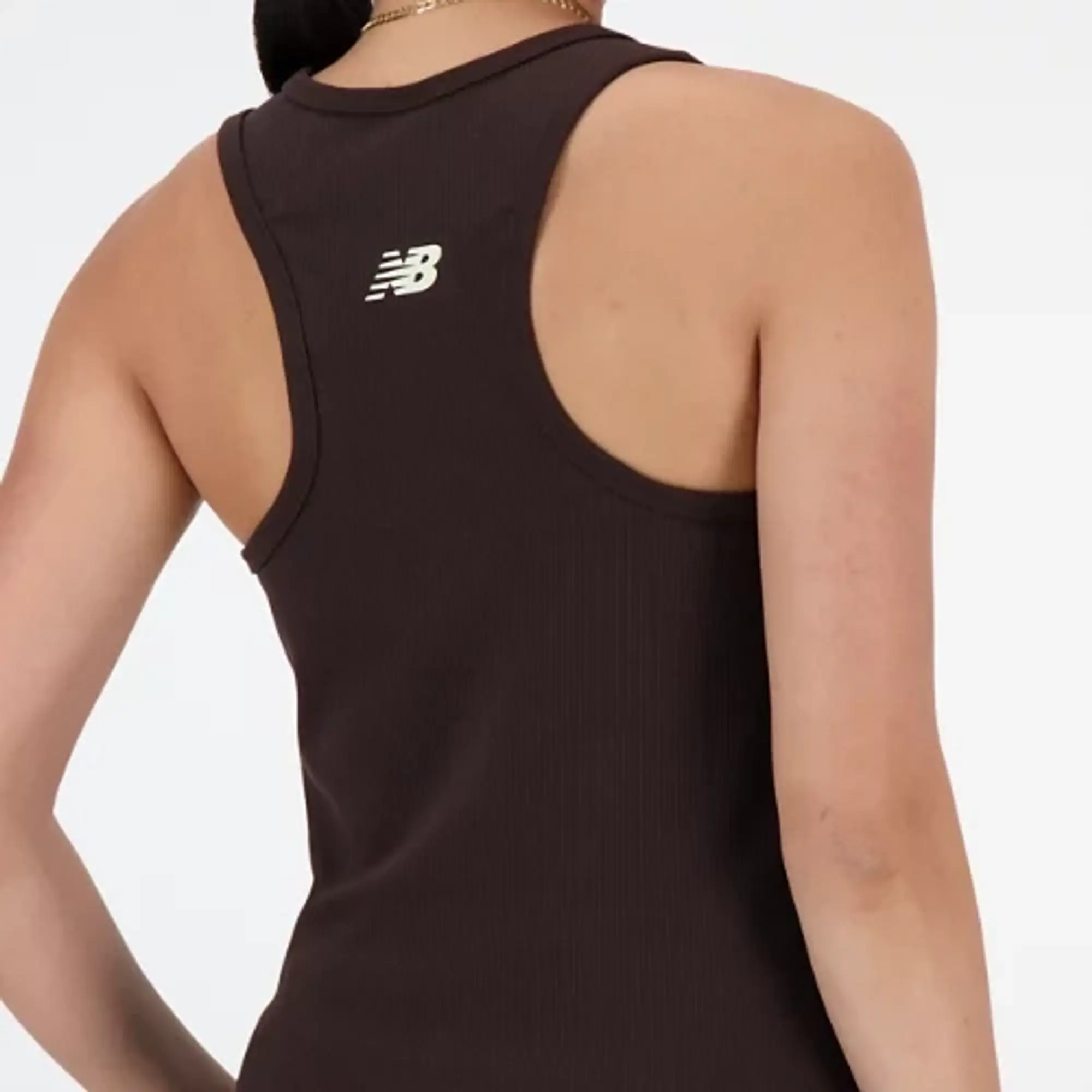 New Balance Women's Linear Heritage Rib Knit Racer Tank in Black Poly Knit