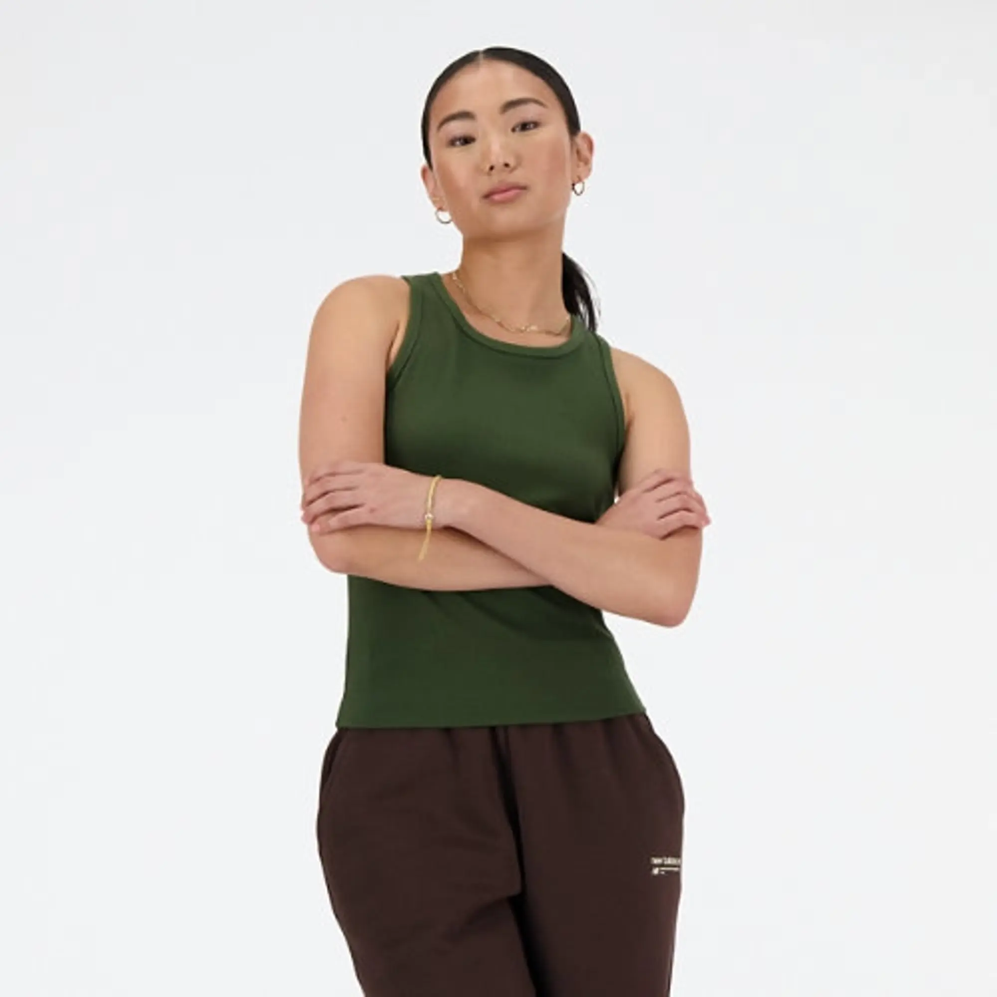 New Balance Women's Linear Heritage Rib Knit Racer Tank in Green Poly Knit