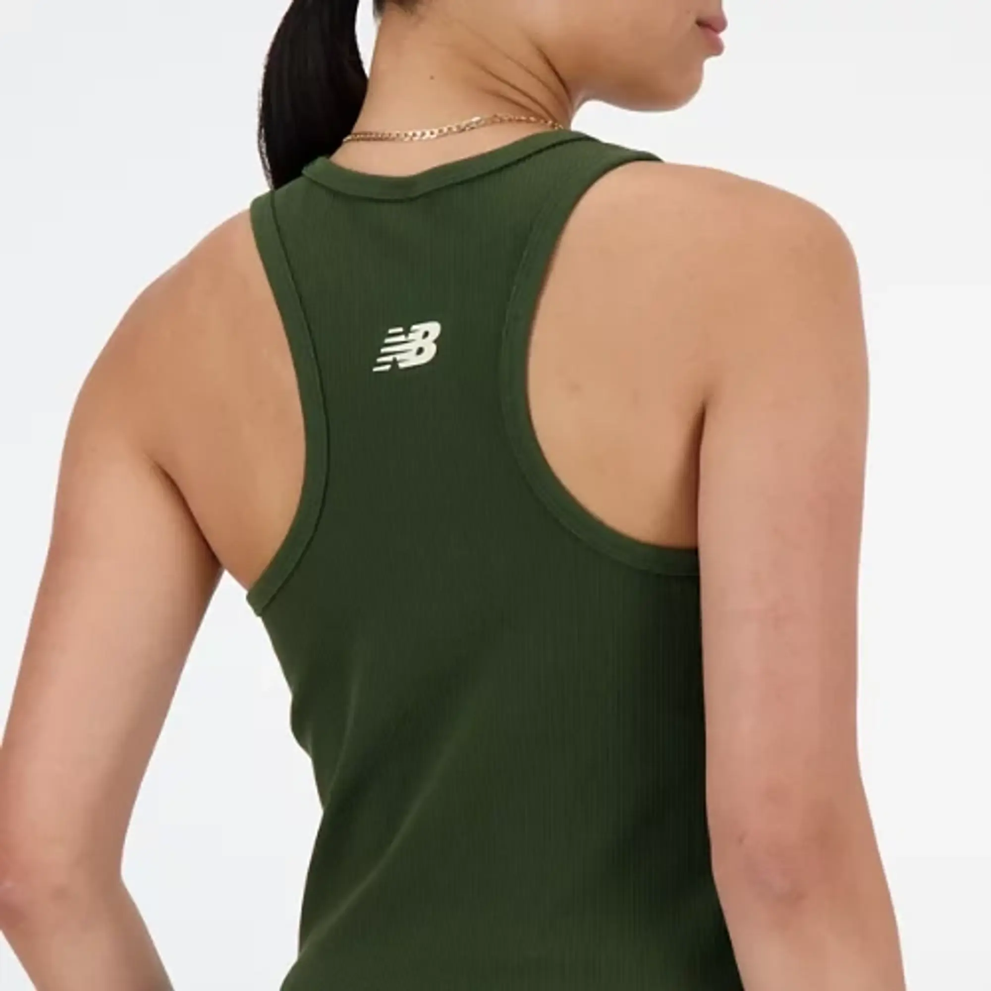 New Balance Women's Linear Heritage Rib Knit Racer Tank in Green Poly Knit