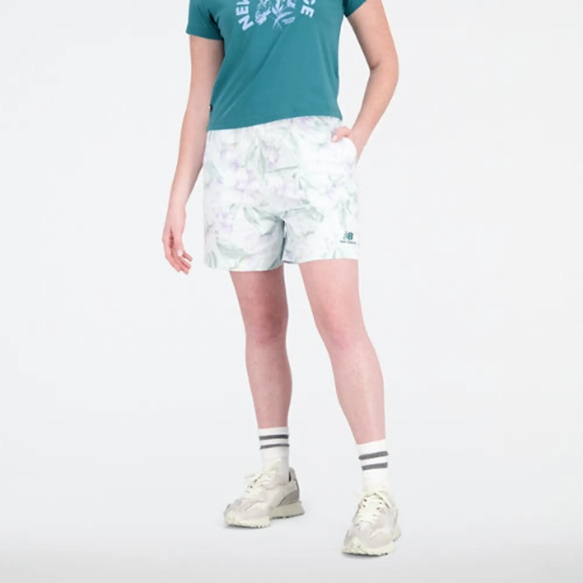 New Balance Women's Essentials Bloomy Print Short in White Cotton