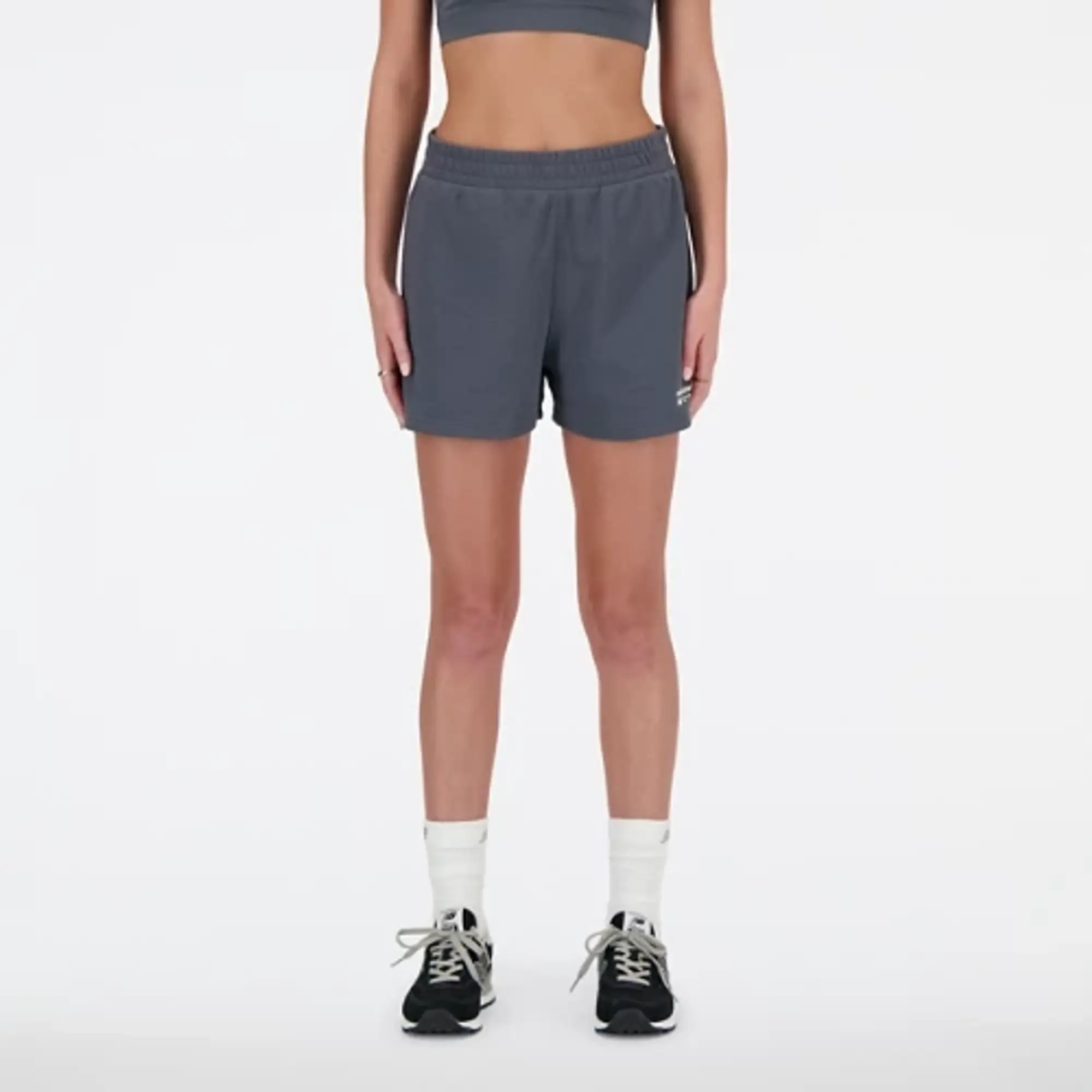 New Balance Women's Linear Heritage French Terry Short in Dark Grey Cotton Fleece