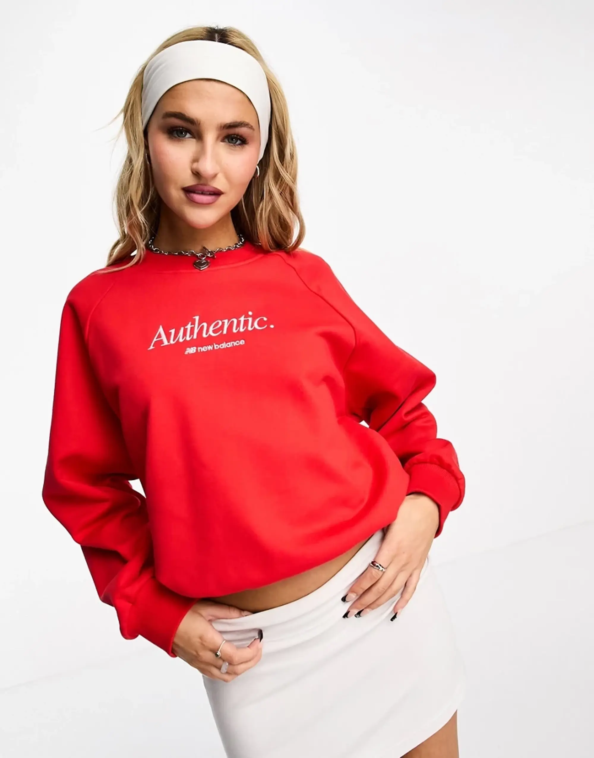 New Balance Women's NB Athletics Icono-Graphic Crew Sweatshirt in Red Cotton