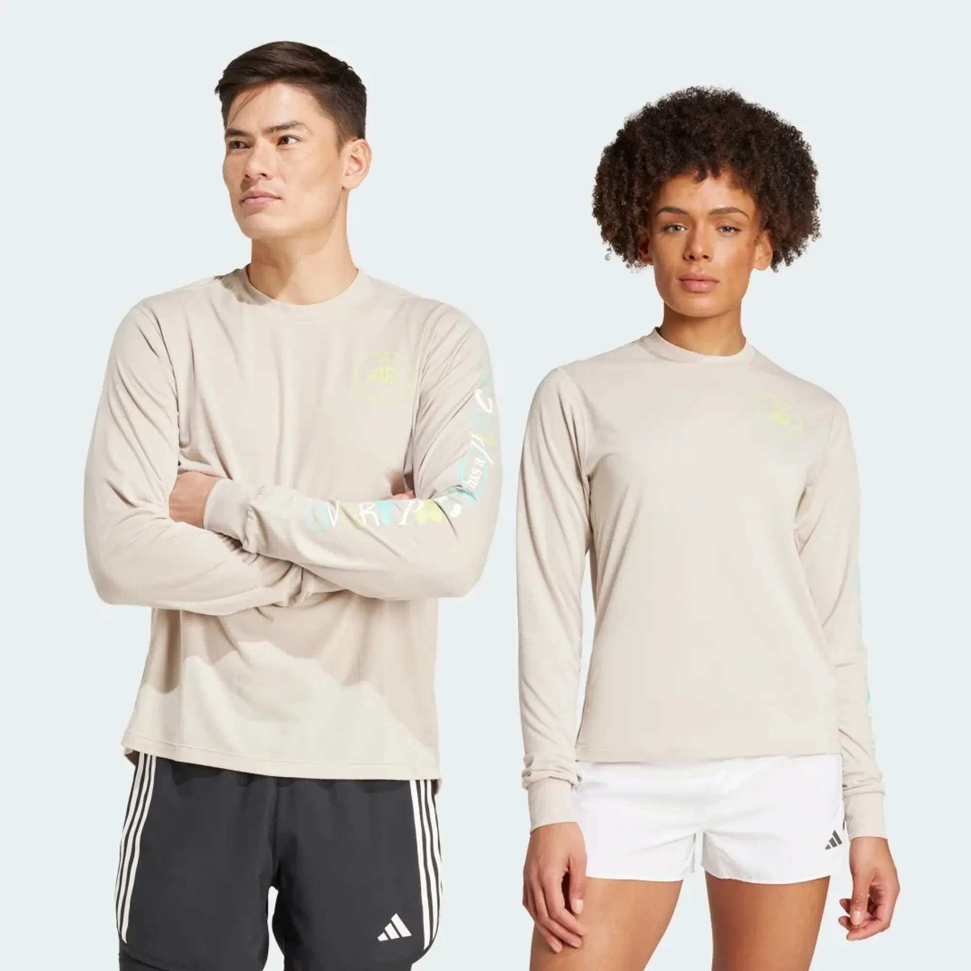 Adidas Running Own The Run Long Sleeve Top With Graphic In Beige-White