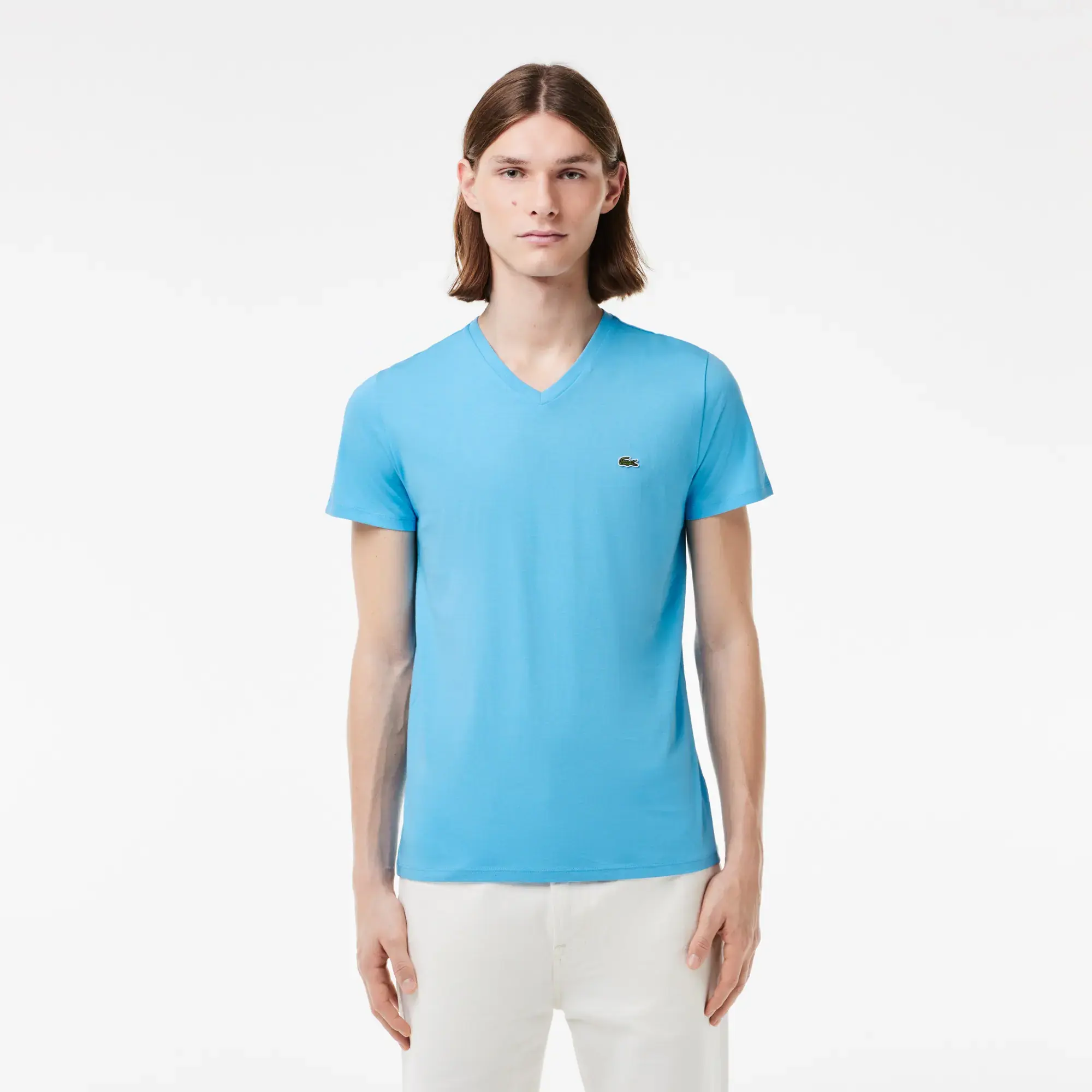 Lacoste V Neck Cotton Pima T shirt Celest Blue TH6710 IY3 FOOTY.COM