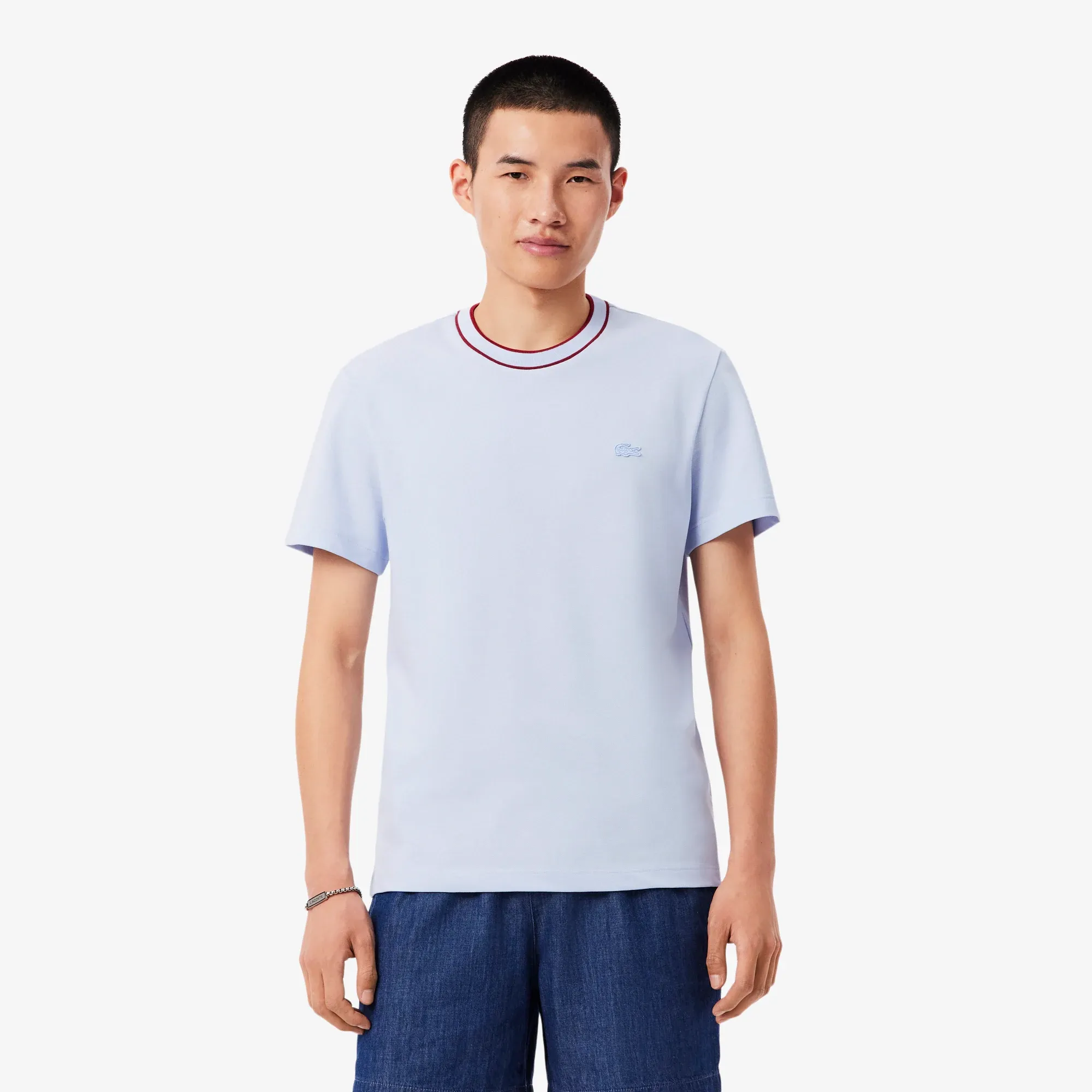 Lacoste Stretch Piqué Stripe Collar T-shirt - Light Blue