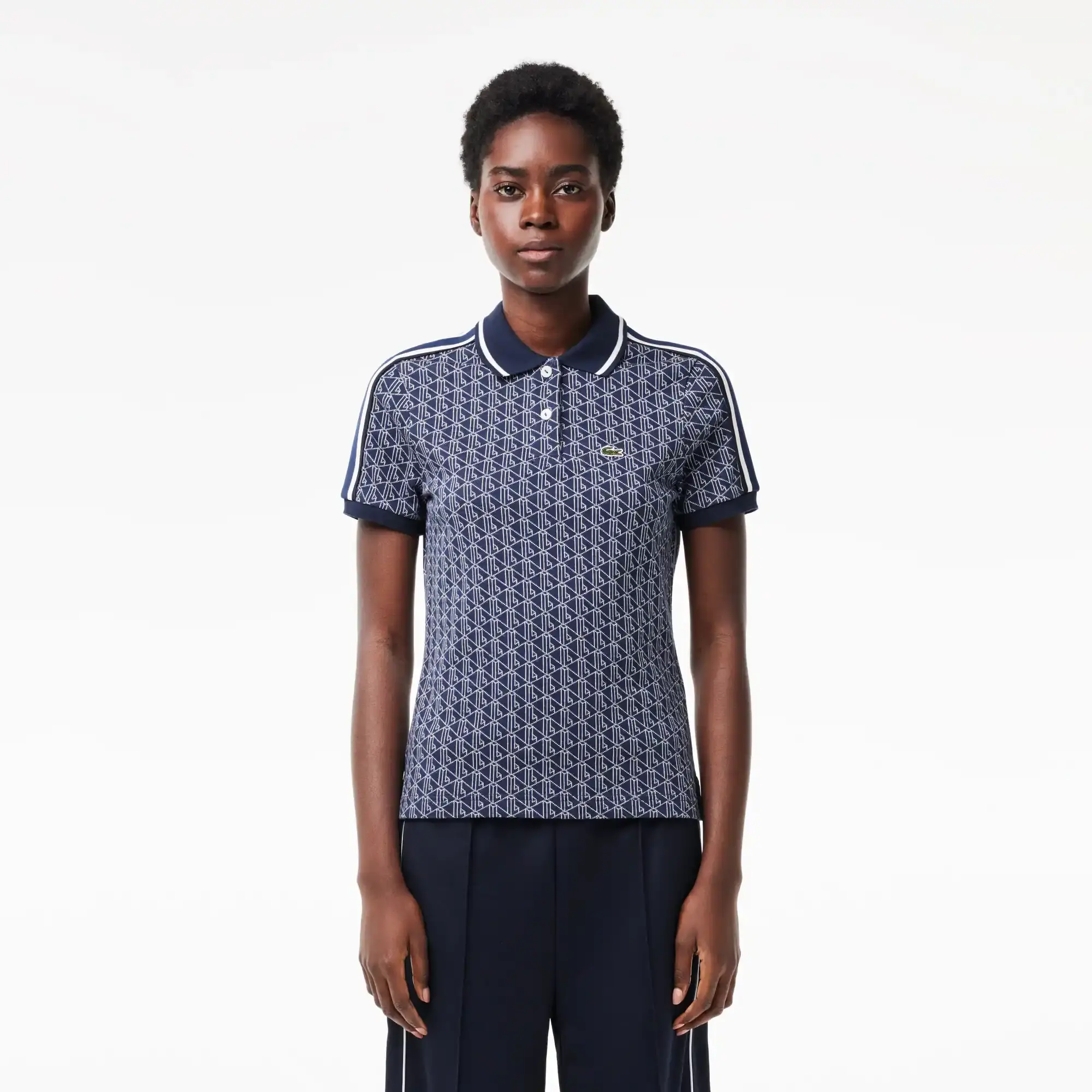 Slim Fit Lacoste Monogram Jacquard Polo Shirt - Navy Blue / White