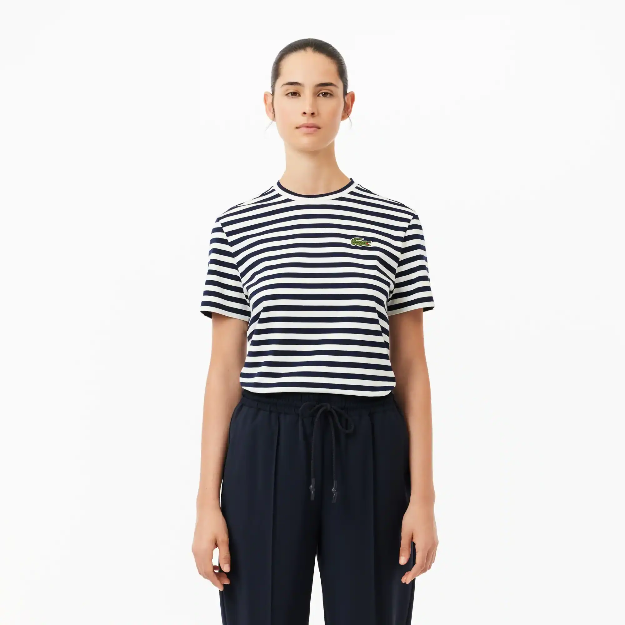 Lacoste Loose Fit Striped Cotton T-shirt - Navy Blue / White