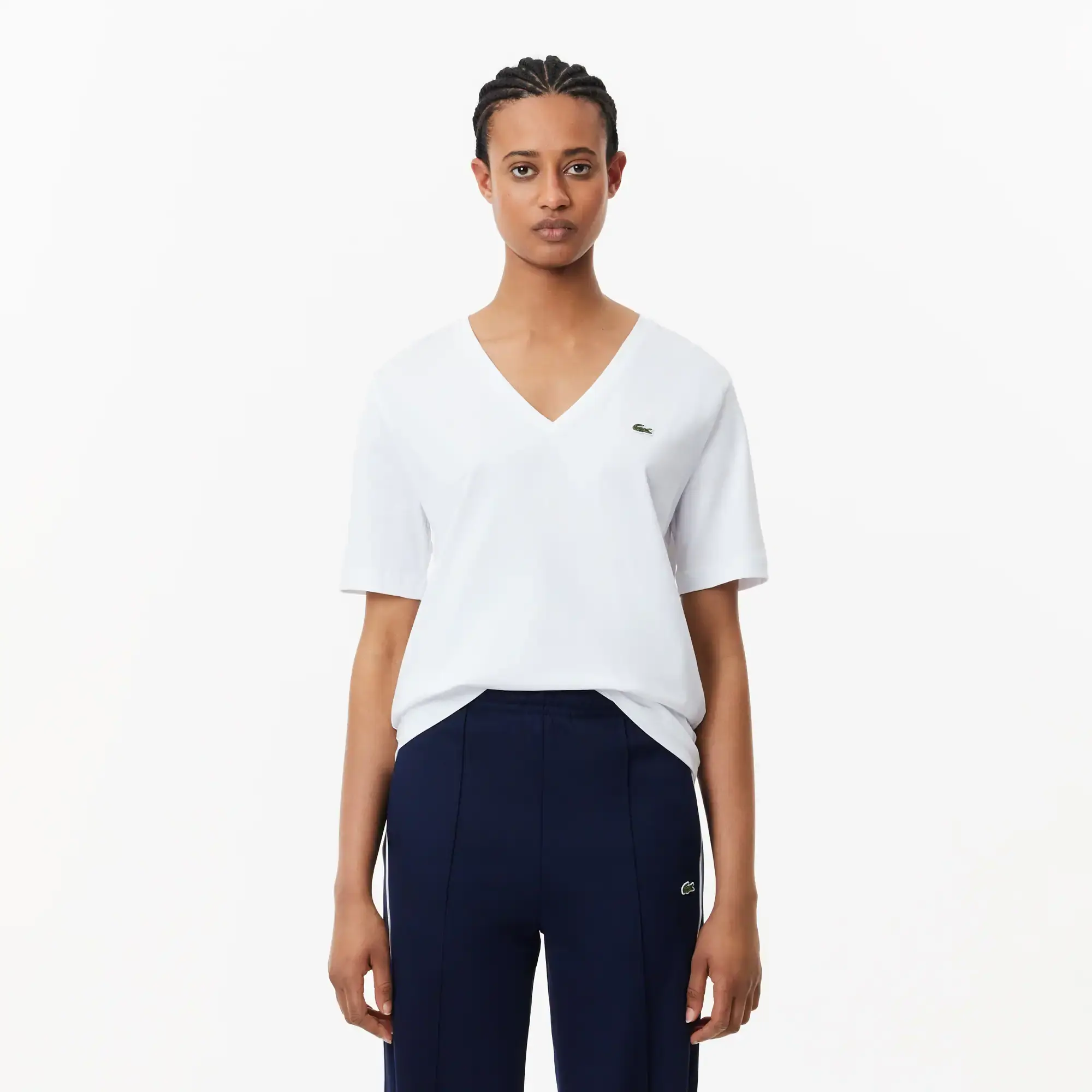 Lacoste Relaxed Fit Soft Cotton Jersey V Neck T-shirt - White