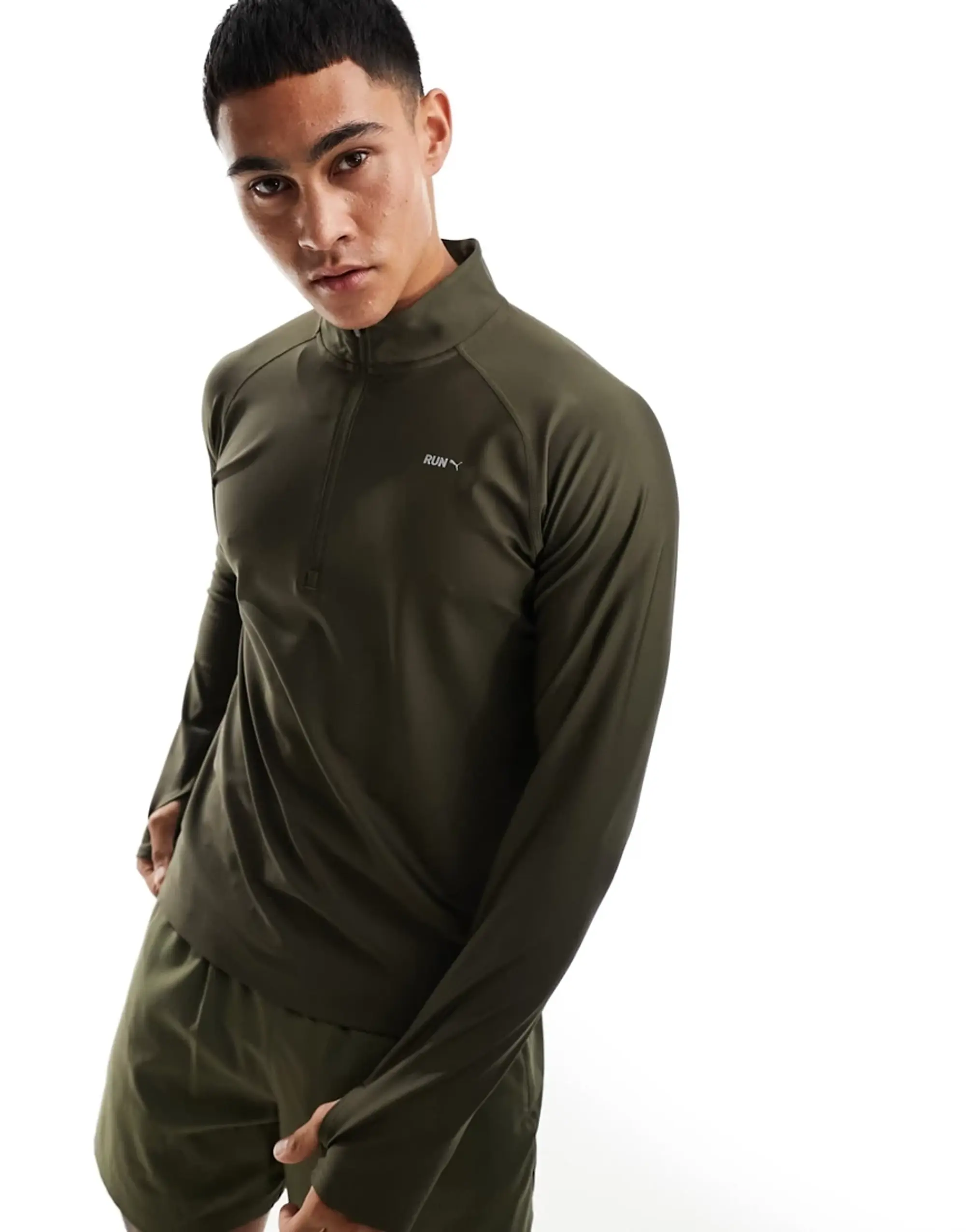 Puma Running Evolve 1/4 Zip Sweatshirt In Khaki-Green