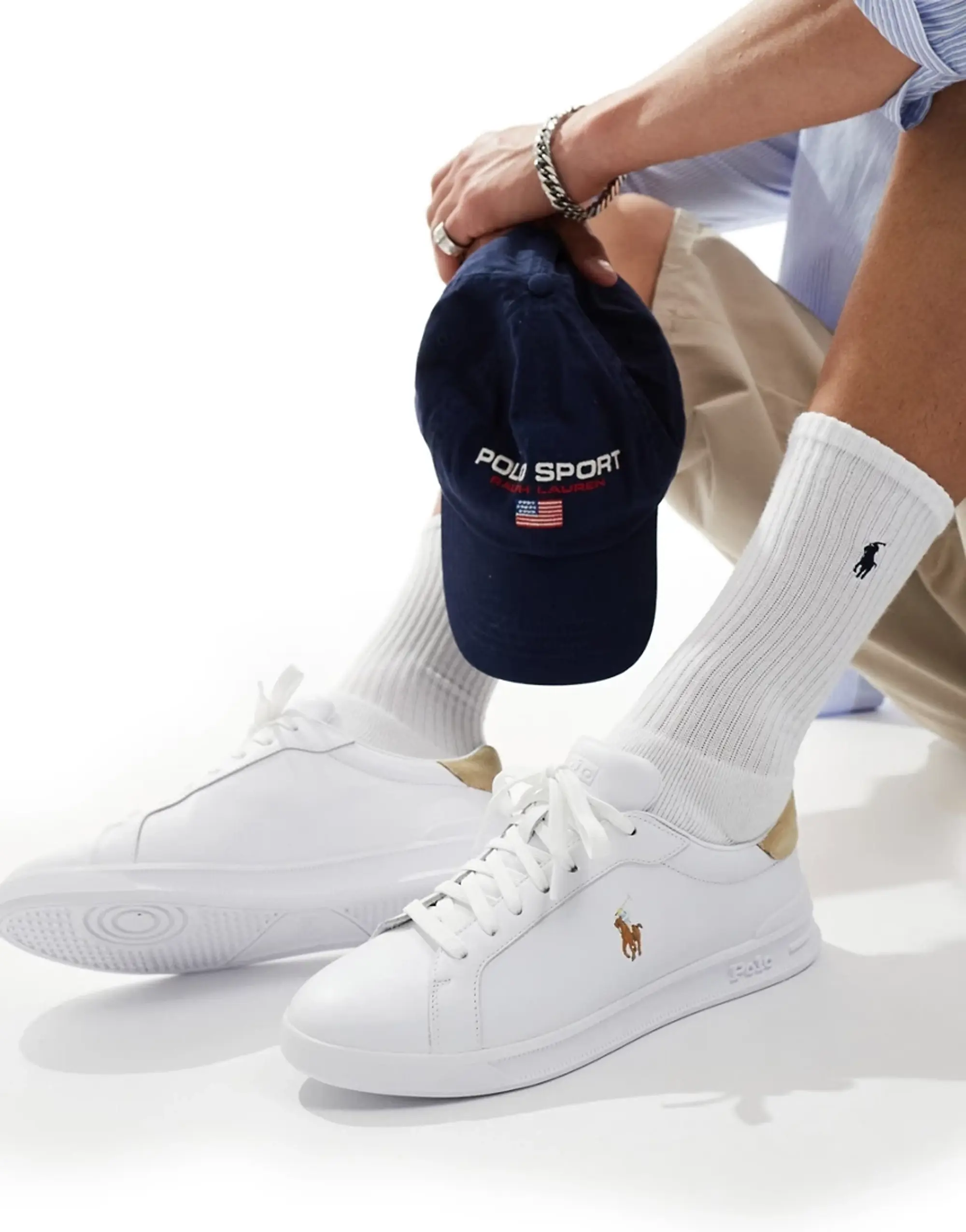 Polo Ralph Lauren Heritage Court Trainer In White With Tan Heel Tab