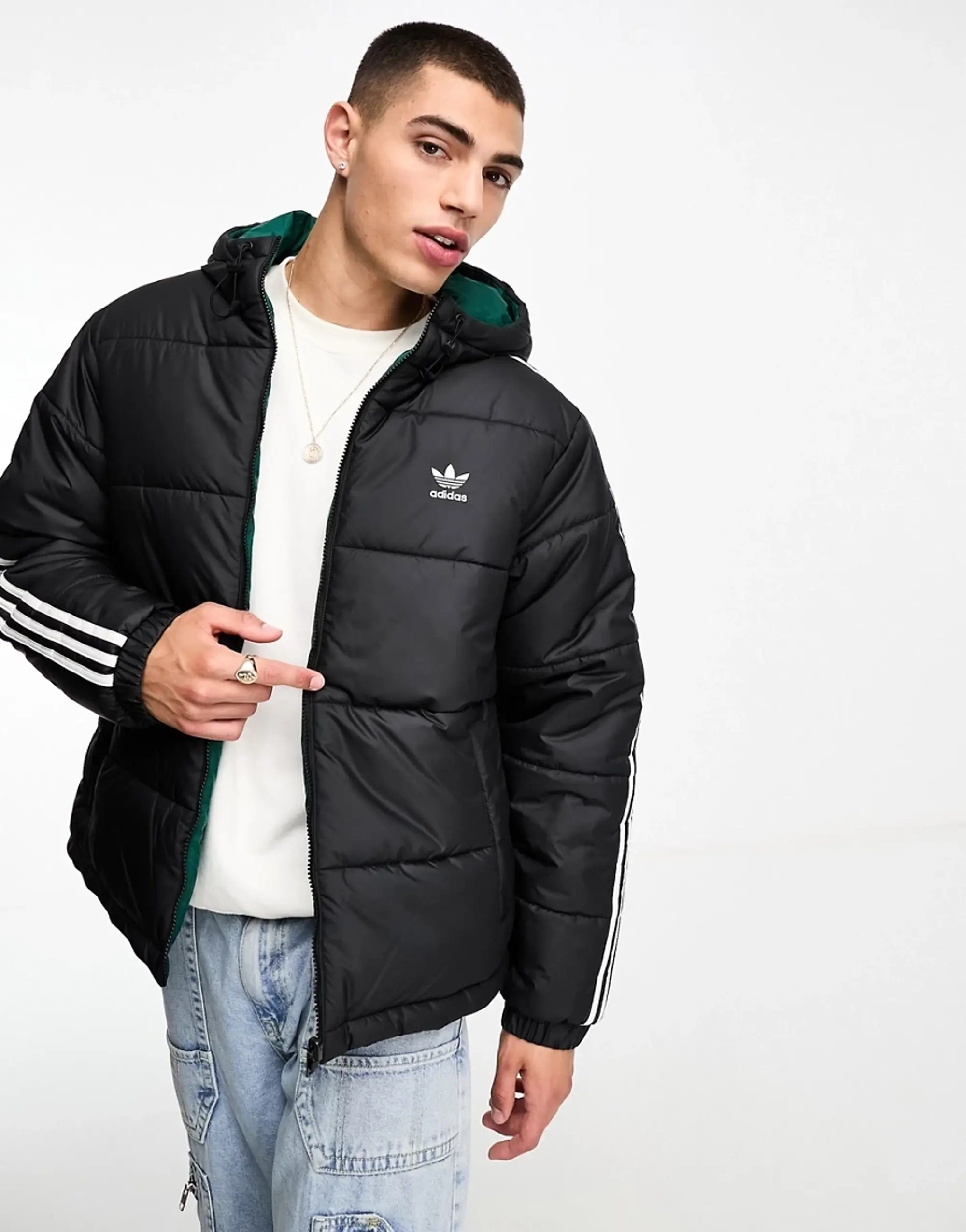 Adidas Originals 3 Stripe Reversible Puffer Jacket In Black And Green HZ0690 FOOTY.COM