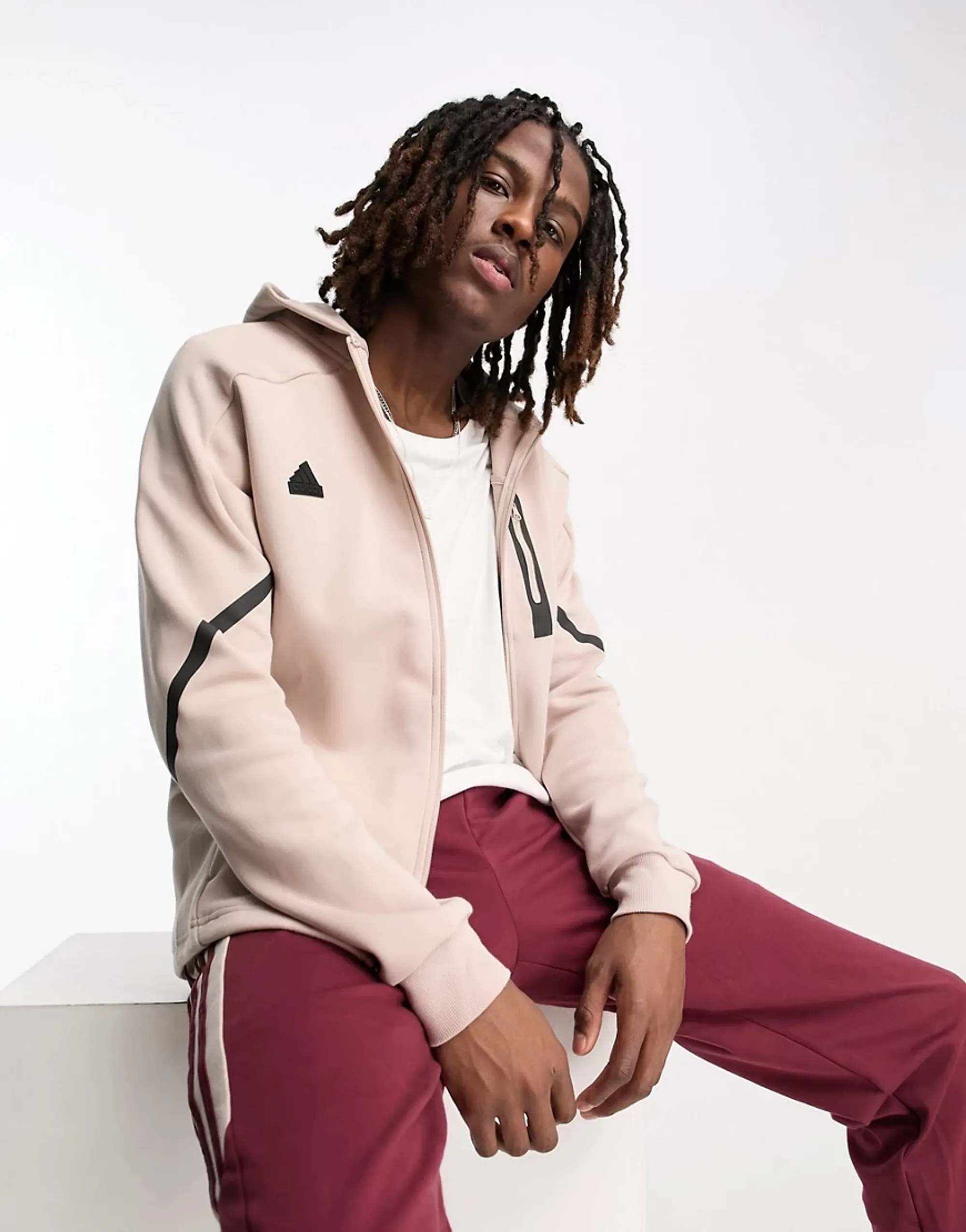 Adidas Training Tech Fleece Full Zip Hoodie In Off White-Brown
