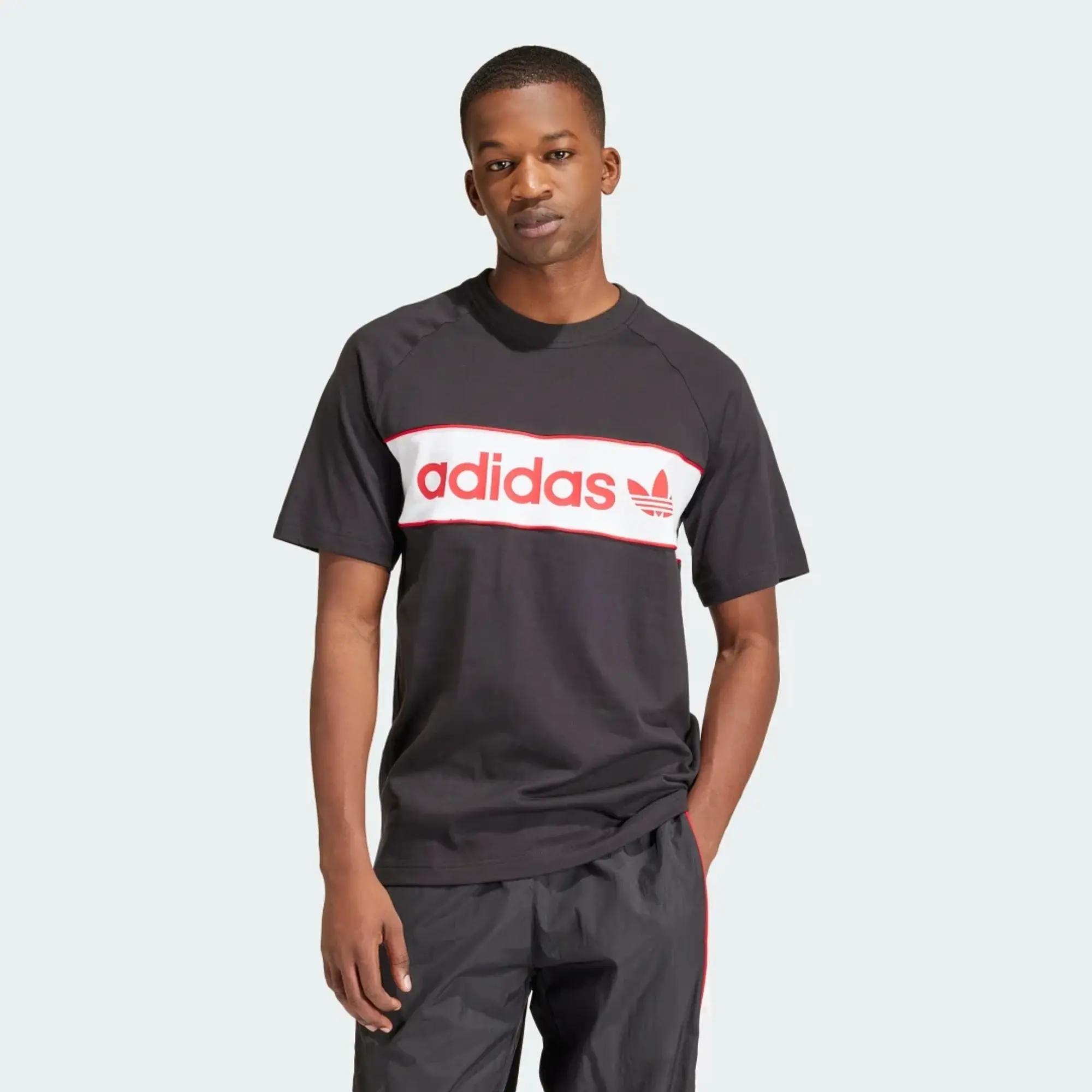 Adidas Originals Linear Logo T Shirt In Black White And Red IS1404 FOOTY.COM